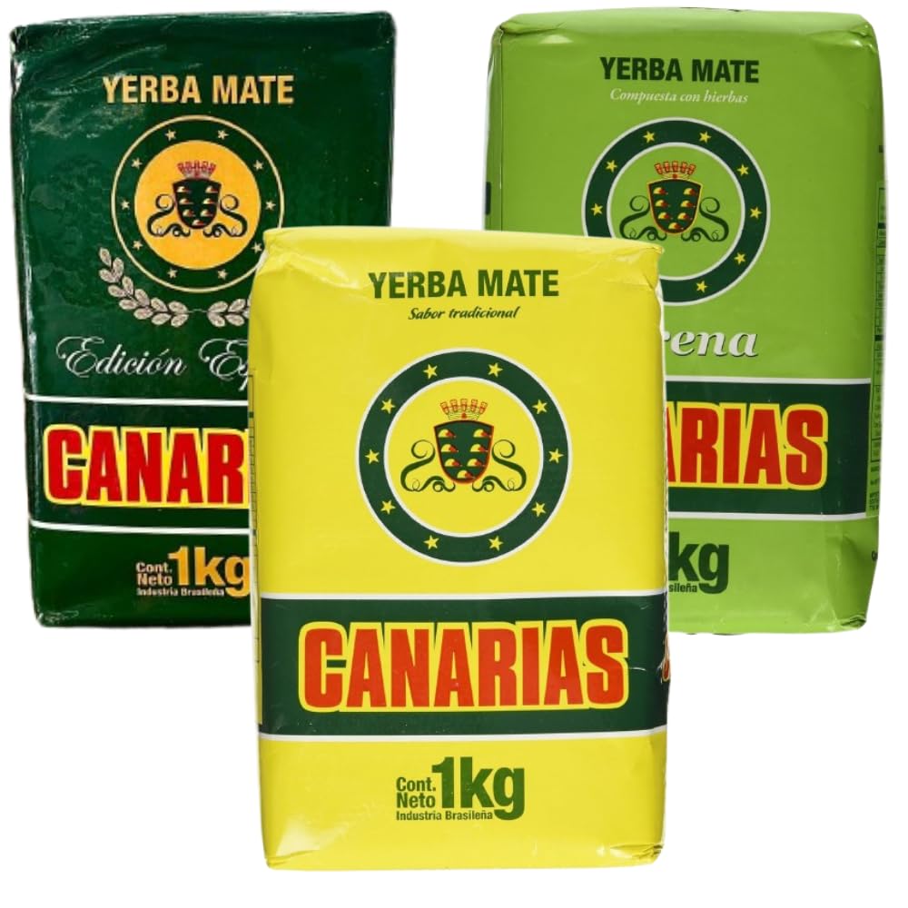 Canarias Yerba Mate Variety Pack – 3 x 1kg – Tradicional, Serena, Edición Especial – Premium Uruguayan Blend, Natural Energy & Focus, Imported from Brazil