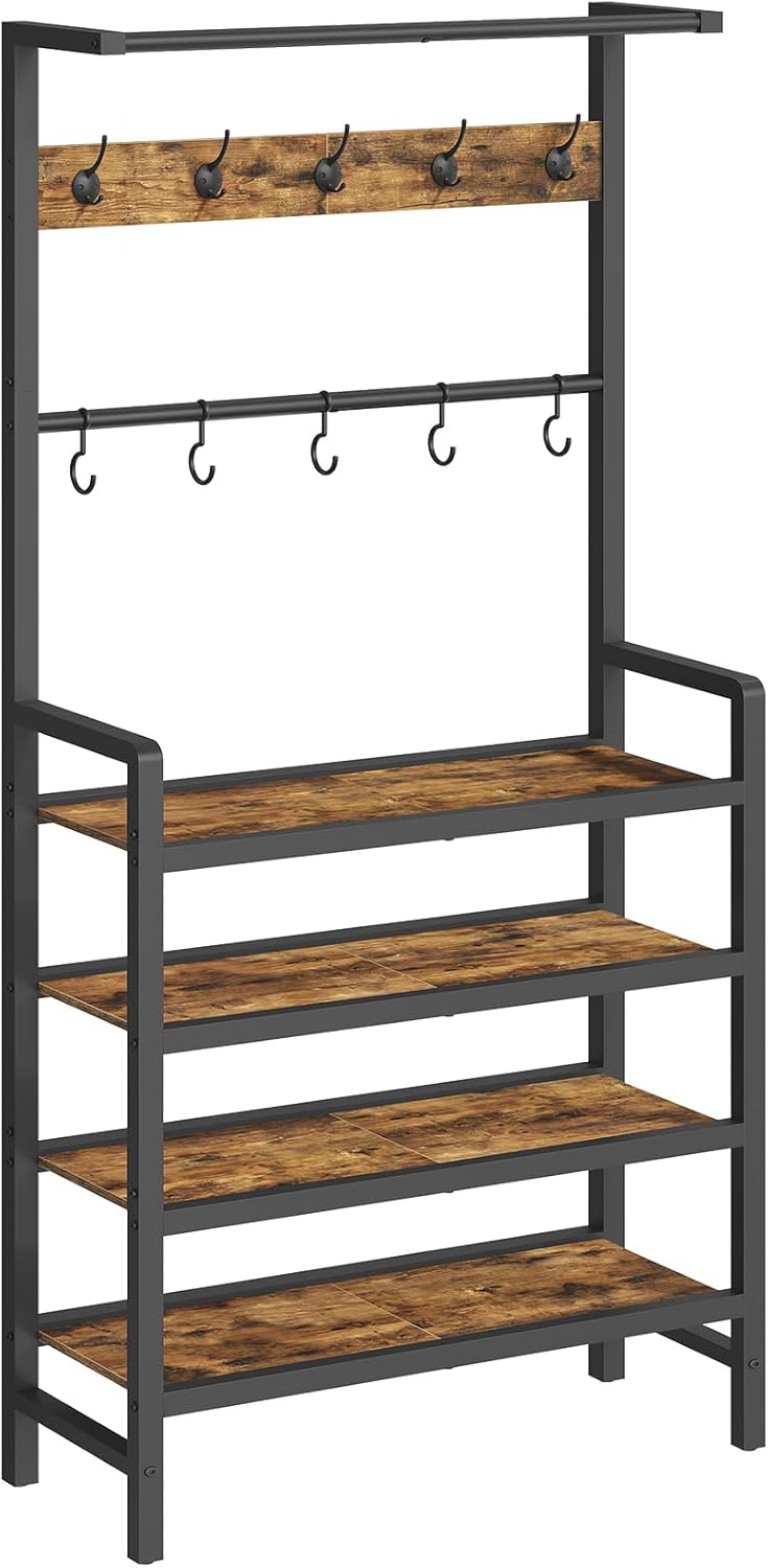 Hall Tree, Coat and Shoe Rack, Entryway Coat Rack with 4-Tier Wooden Shoe Rack and 10 Hooks, Freestanding Hall Tree with Shoe Storage for Entryway, Hallway, Rustic Brown and Black MT09BR