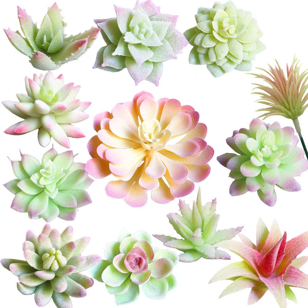 12 Pcs Artificial Succulent Picks Unpotted Faux Succulent Assortment in Flocked Pink White Faux Succulent Floral Arrangement Accent