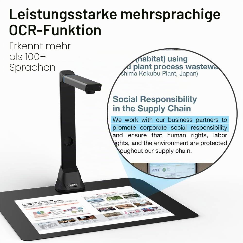 Viisan VK16 Dokumenten-und Buchscanner digitalisiert A3-Vorlage blitzschnell. 16MP Sensor. Buch-Doppelseiten Glätten & Aufteilen. Auto-Scannen. Texterkennung. Visualizer. Tragbar. Windows & Mac