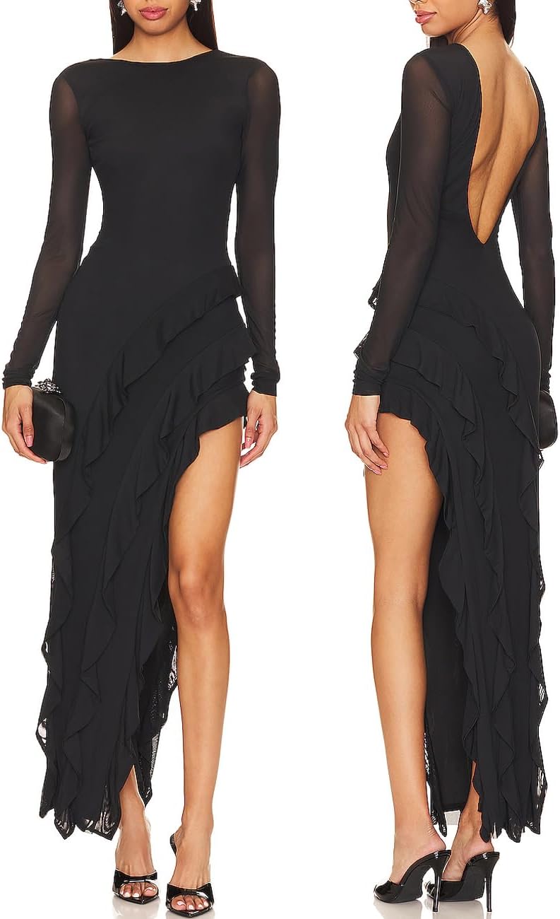 Capuffy Womens Long Sleeves Backless Maxi Dress Mesh Tassel Ruffle Side Split Bodycon Evening Party Dress 350