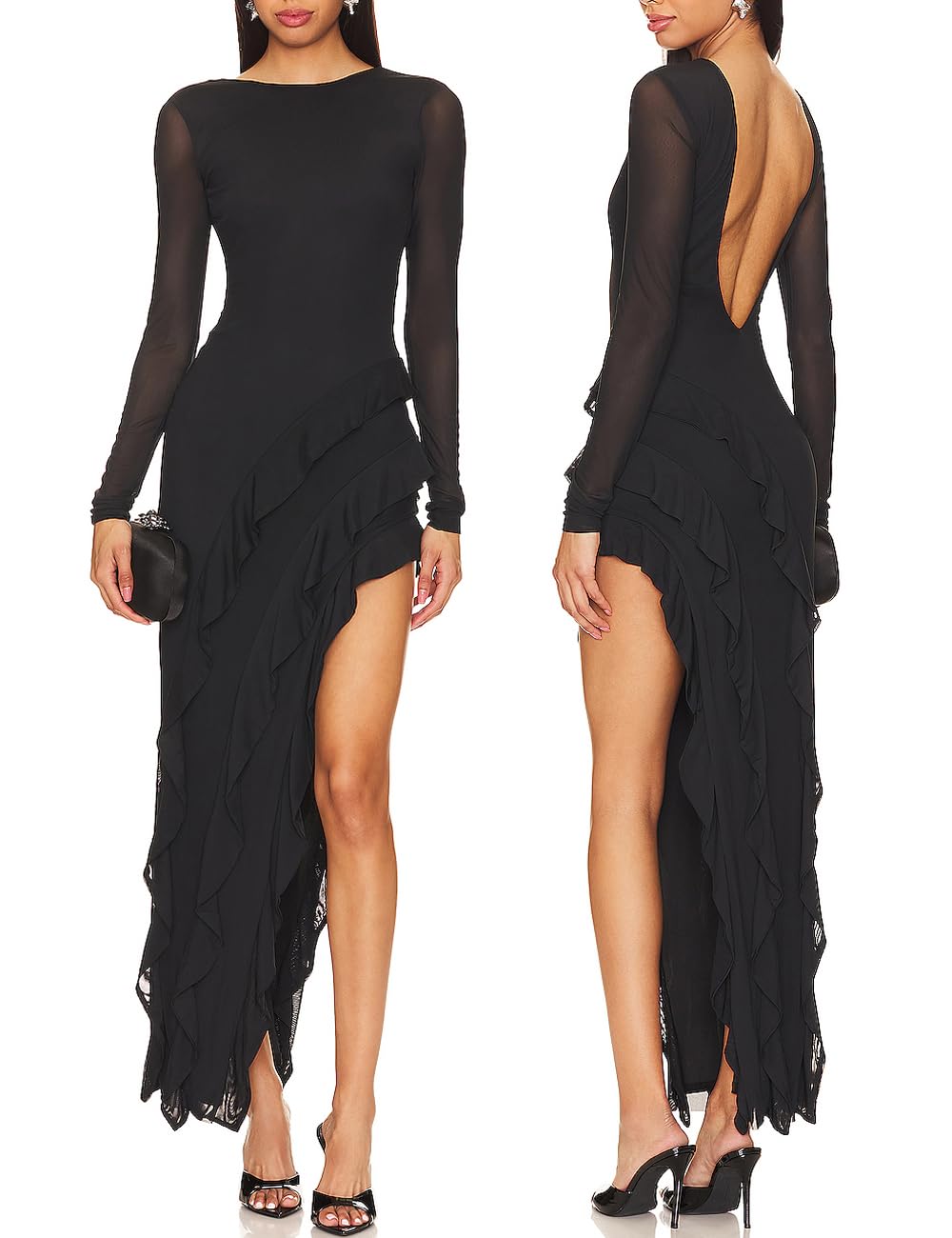 Capuffy Womens Long Sleeves Backless Maxi Dress Mesh Tassel Ruffle Side Split Bodycon Evening Party Dress 350