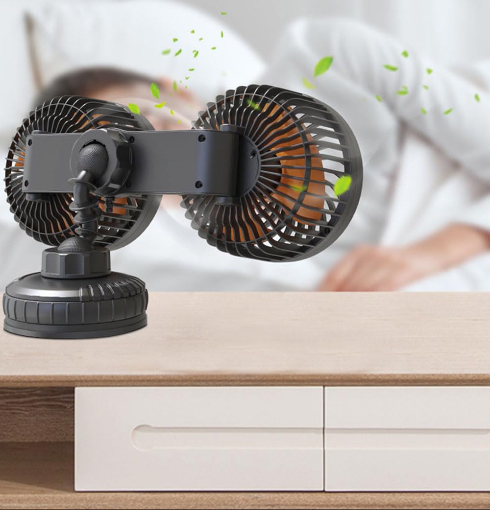BININBOX 360° Drehbarer Doppelkopflüfter mit Saugnapf Universell 5/12/24V Geräuscharm 3 Geschwindigkeitsstufen für Auto und Tisch (5V (USB))