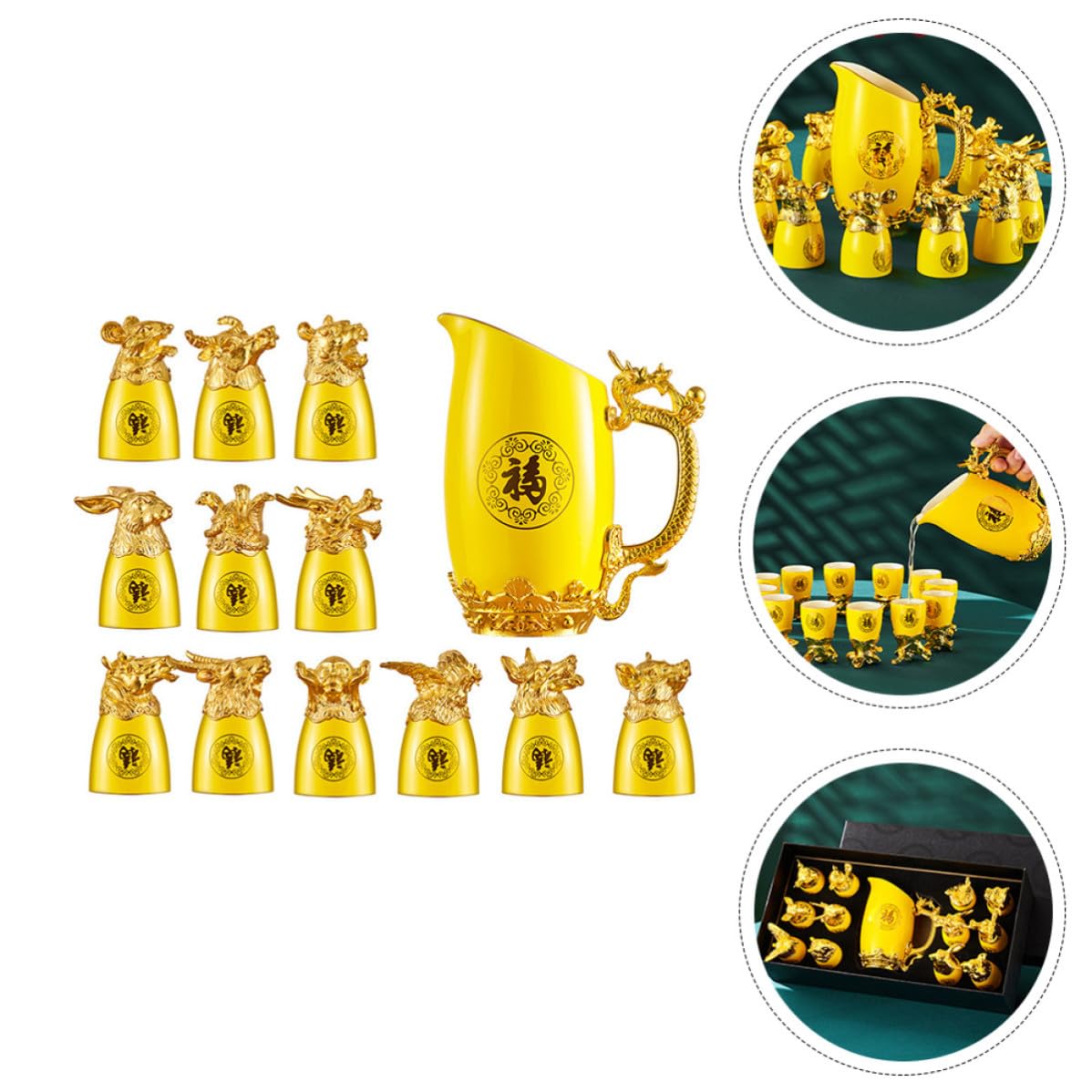 DECHOUS Set di Bicchieri da Vino Bianco in Porcellana Decanter, Design Raffinato e Unico Animali dello Zodiaco Cinese, Resistente e Decorativo per Bar e Hotel