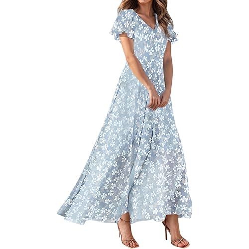 Women's Floral Print Chiffon Dress - Blue, Size S, Midi Length, Spring/Summer