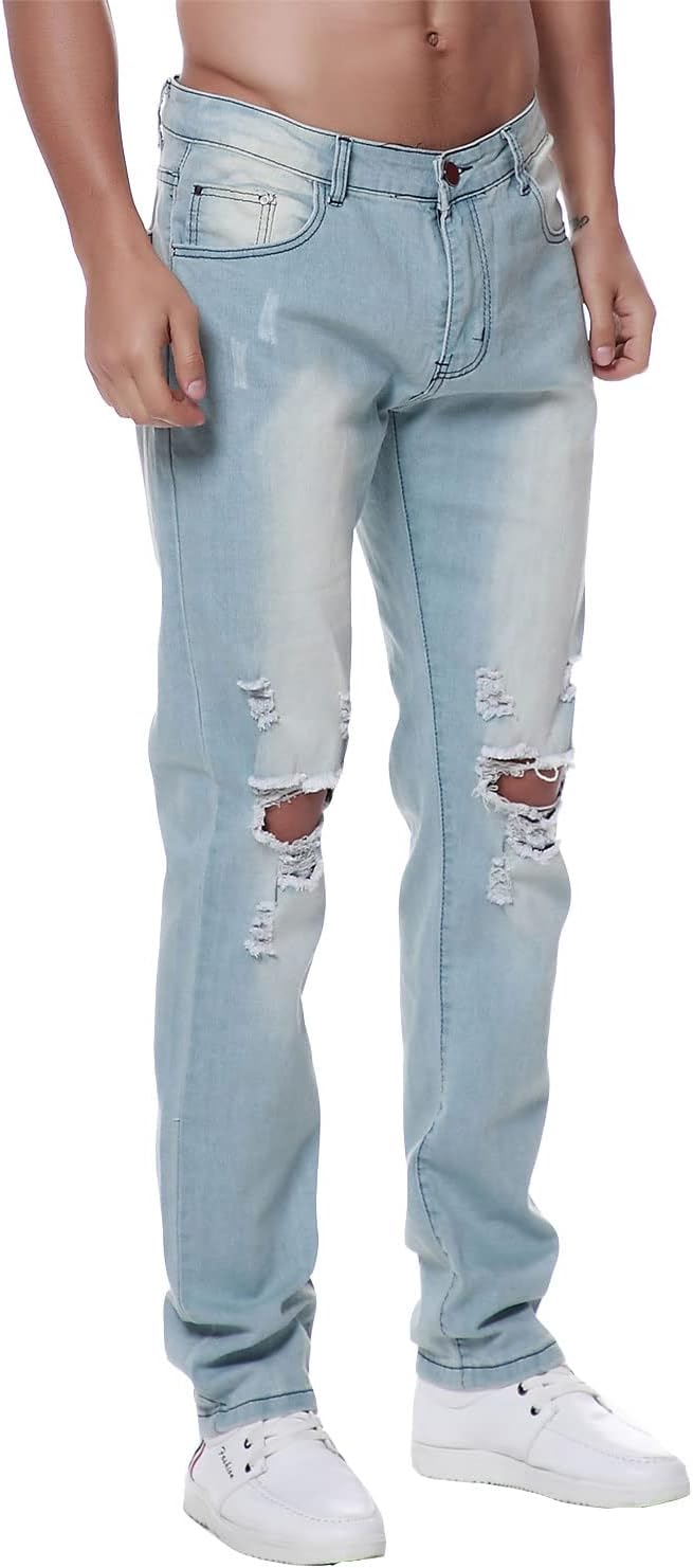 Previn Men's Ripped Denim Jeans Distressed Slim Trousers Destroy Holes Stretch Biker Pants - Image 4