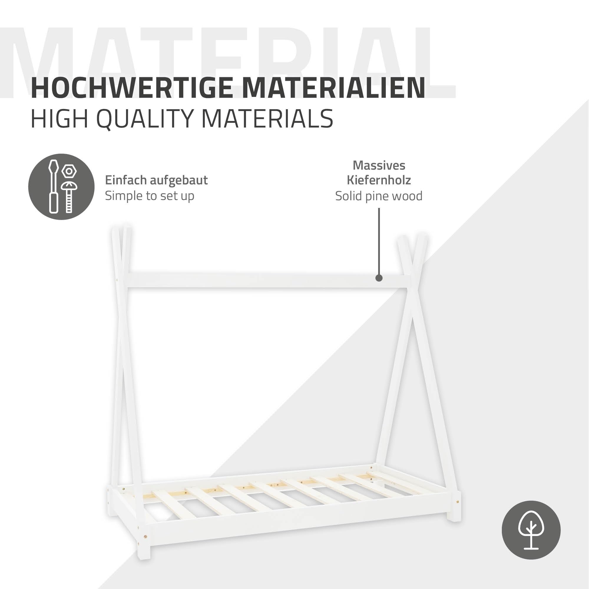 ML-Design Kinderbett Tipi 70x140 cm Weiß mit Matratze & Lattenrost, Indianer Bett aus Kiefernholz, Hausbett für Mädchen & Jungen, Bodenbett Kinderhaus Jugendbett Holzbett Bettenhaus Spielbett Zelt