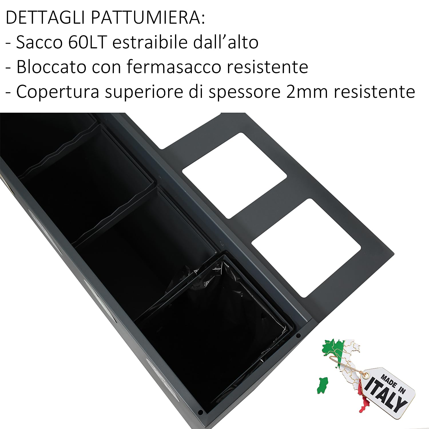 Contenitore raccolta differenziata in acciaio verniciato, Mobile pattumiera da esterno con 2 scomparti, capacità 120 litri, bidone resistente alle intemperie, L60 x P30 x H80 cm (ANTRACITE 7016)