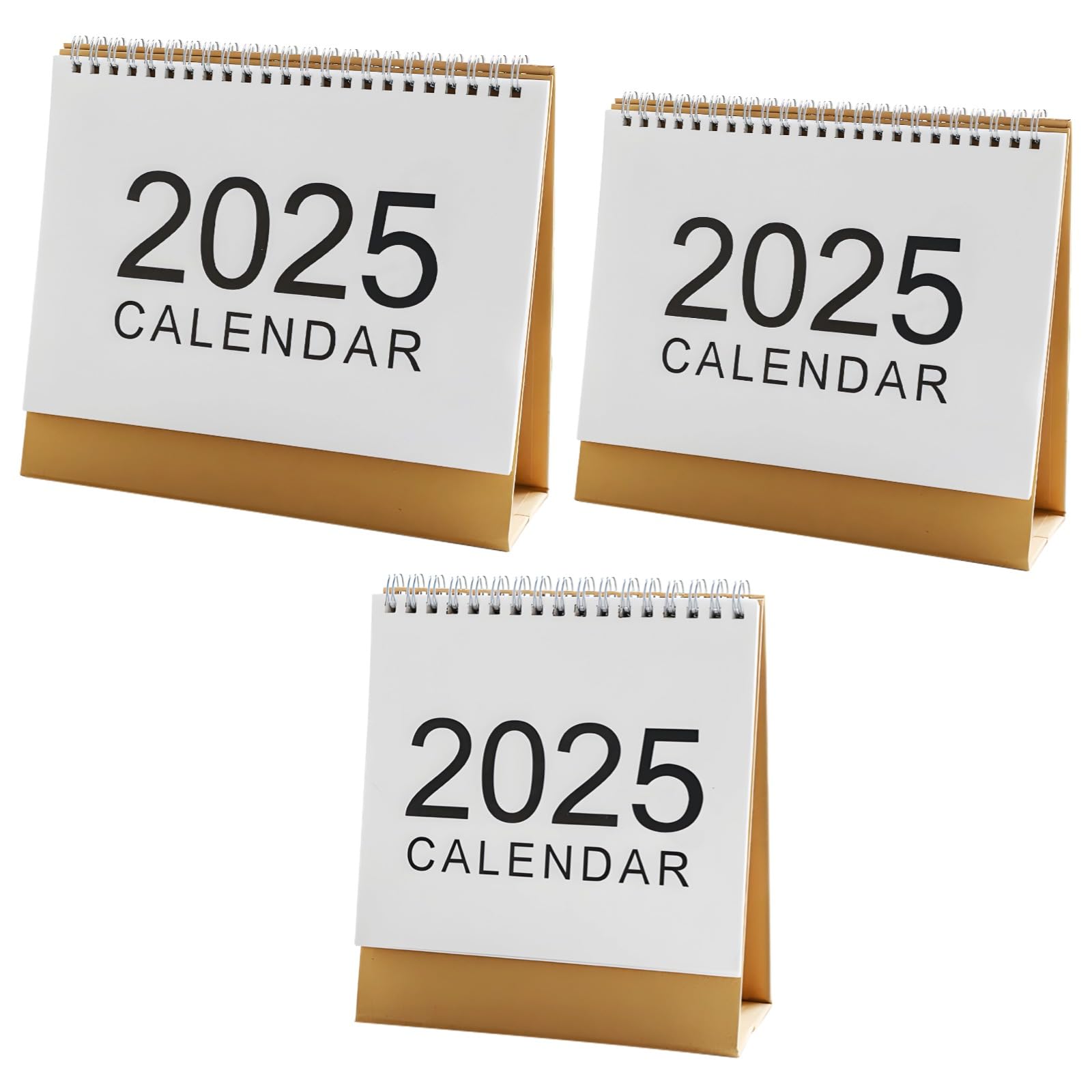 2-pak mini kalendarza na biurko 2025, prosty planer miesięczny, spiralny design z brązową podstawą, idealny do użytku biurowego, duży przód 2025, biały, minimalistyczny styl