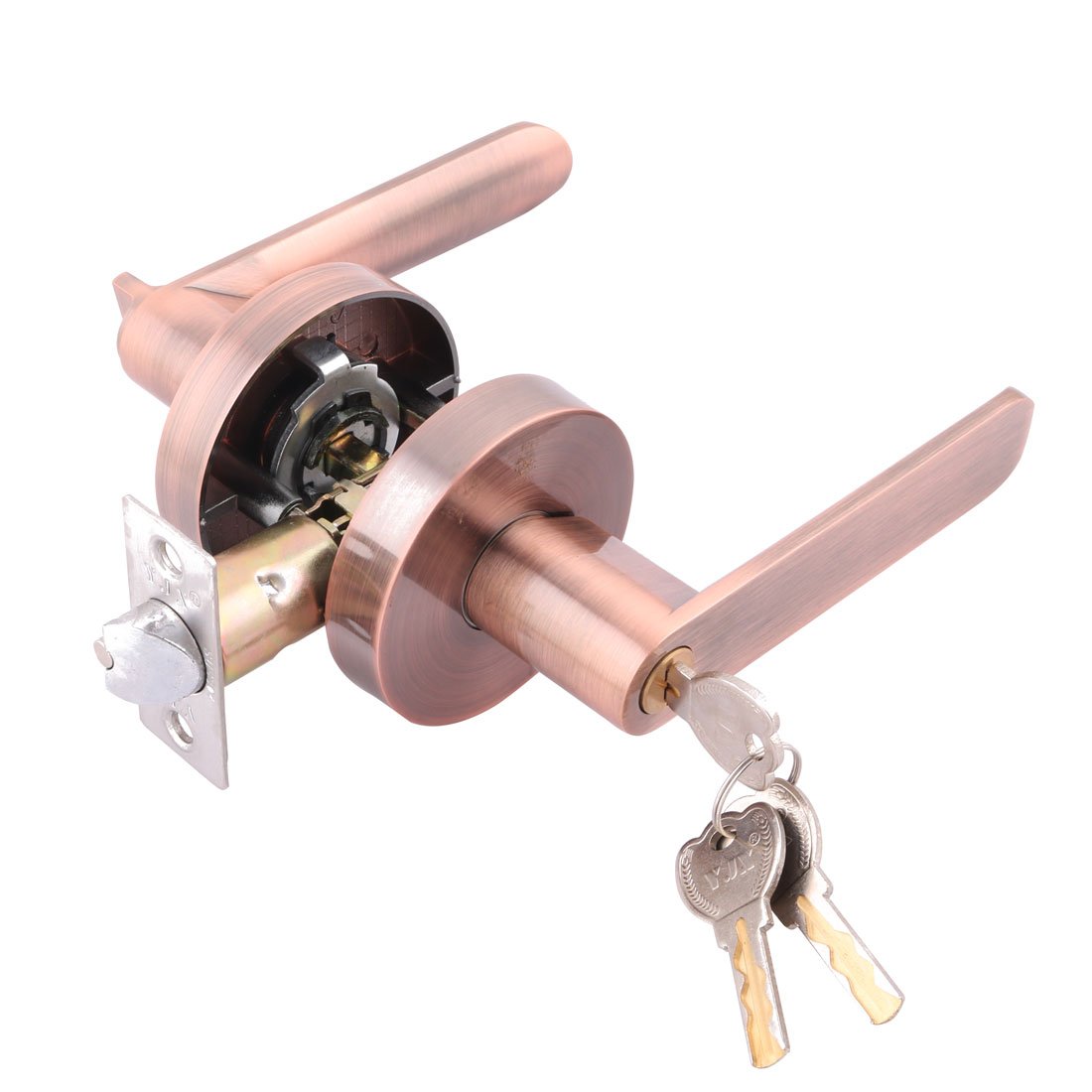 Ruilogod Set di manopola con manopola con manopola portachiavi ingresso (serratura con tre chiavi), ufficio camera da letto o porta anteriore, finitura in rame antico, reversibile per il lato destro o
