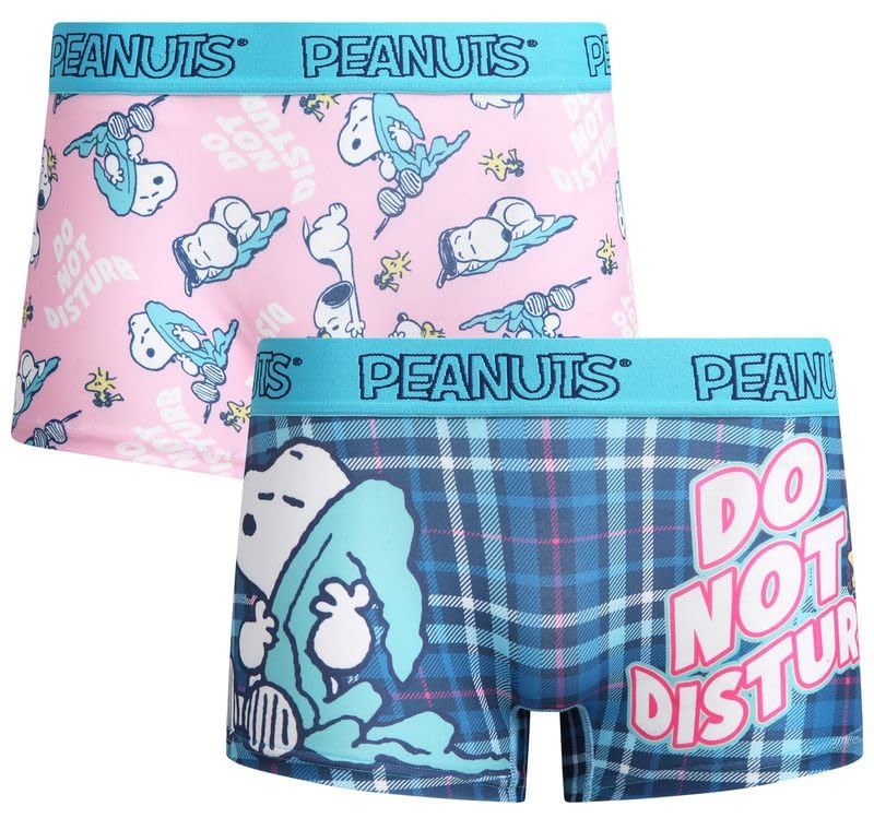 COCO BRANDS Womens Boyshorts Underwear - 2 Pack Seamless Soft Boy Shorts Boxers for Women with Elastic Waistband (S-3X Plus), Blue Plaid/Pink Snoopy Do Not Disturb Print, S