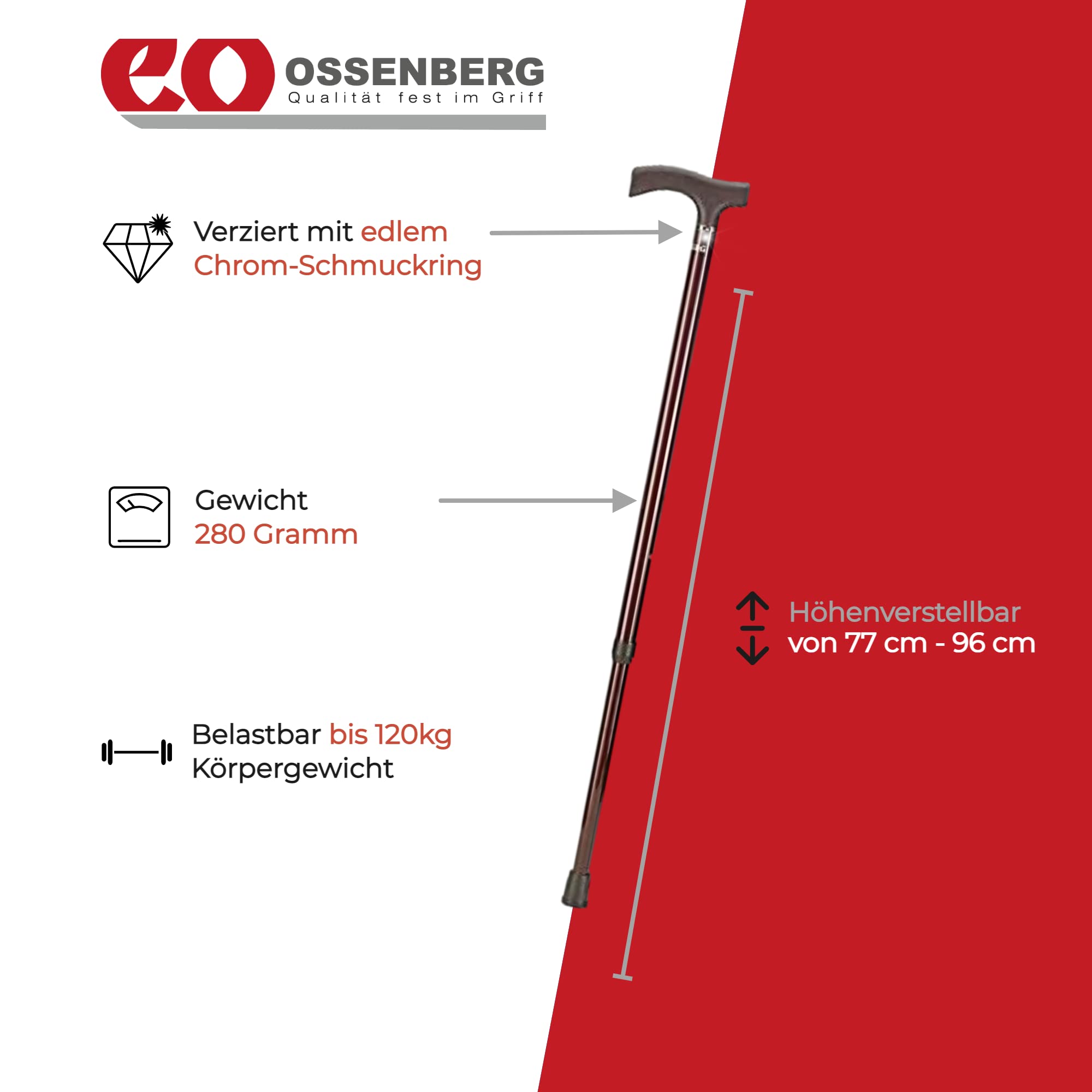 OSSENBERG Bastone in carbonio con manico Fritz, bastone da passeggio regolabile, con elevata portata, bastone da passeggio, lucido con motivo a rombi, portata fino a 120 kg