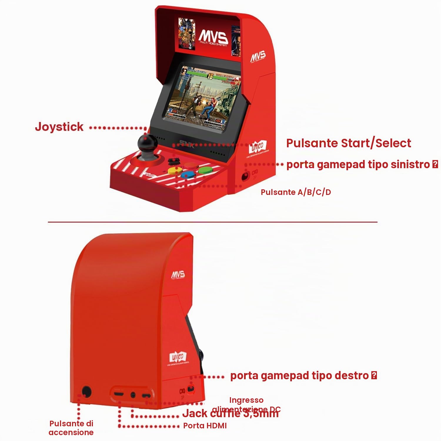 UNICO MVS Mini Arcade, 45 Gmeas Classici con Licenza SNK, Tra cui The King of Fighters, Metal SLUG ecc., Supporta Uscita HDMI per Schermo Grande / 2 Porte per Gamepad / Regali per Adulti e Bambini