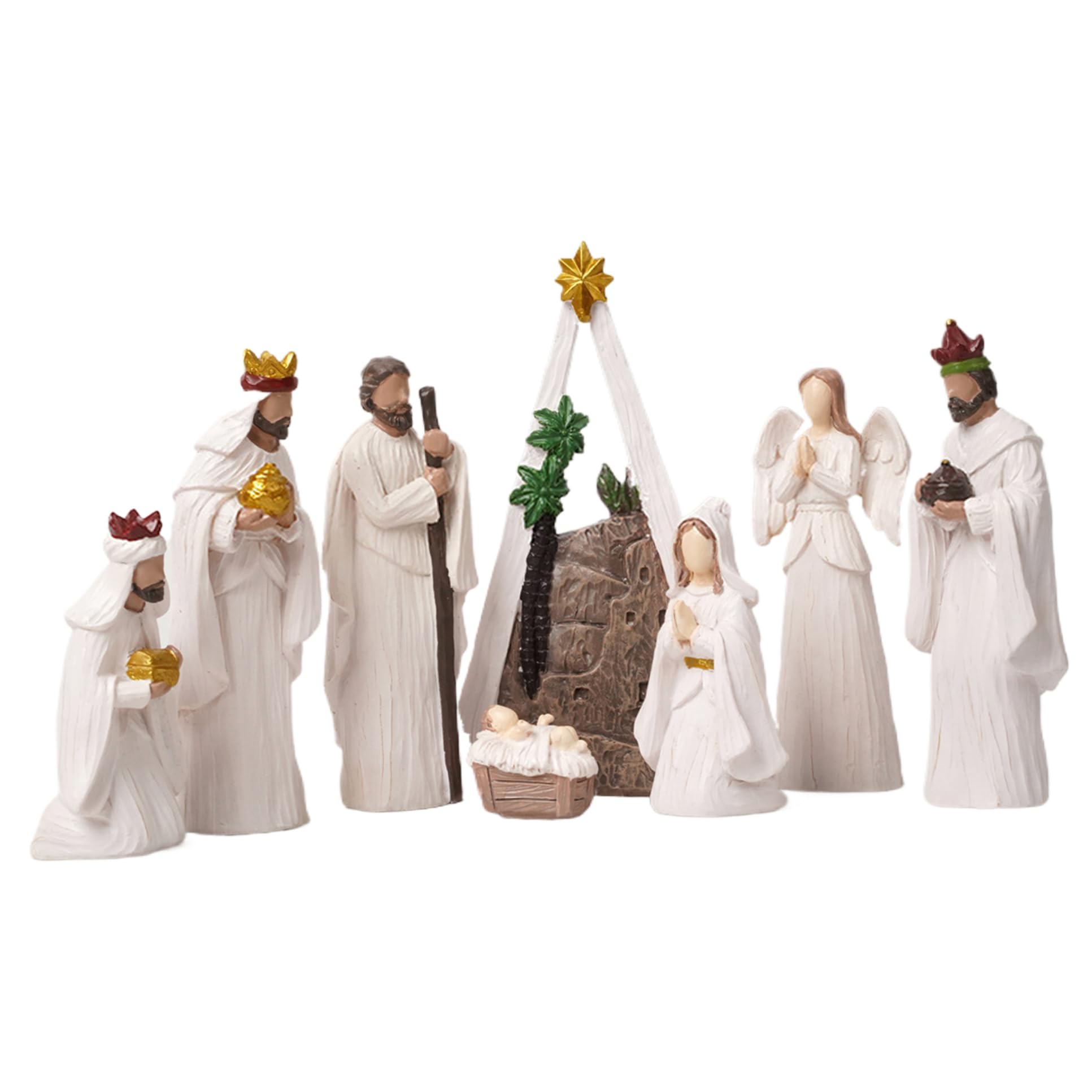 Ensemble de crèche de Noël (8 pièces) Moderne en résine Blanche - Figurines scène la Nativité - Ornements Table Religieux - Objets Collection Noël pour décorations Vacances