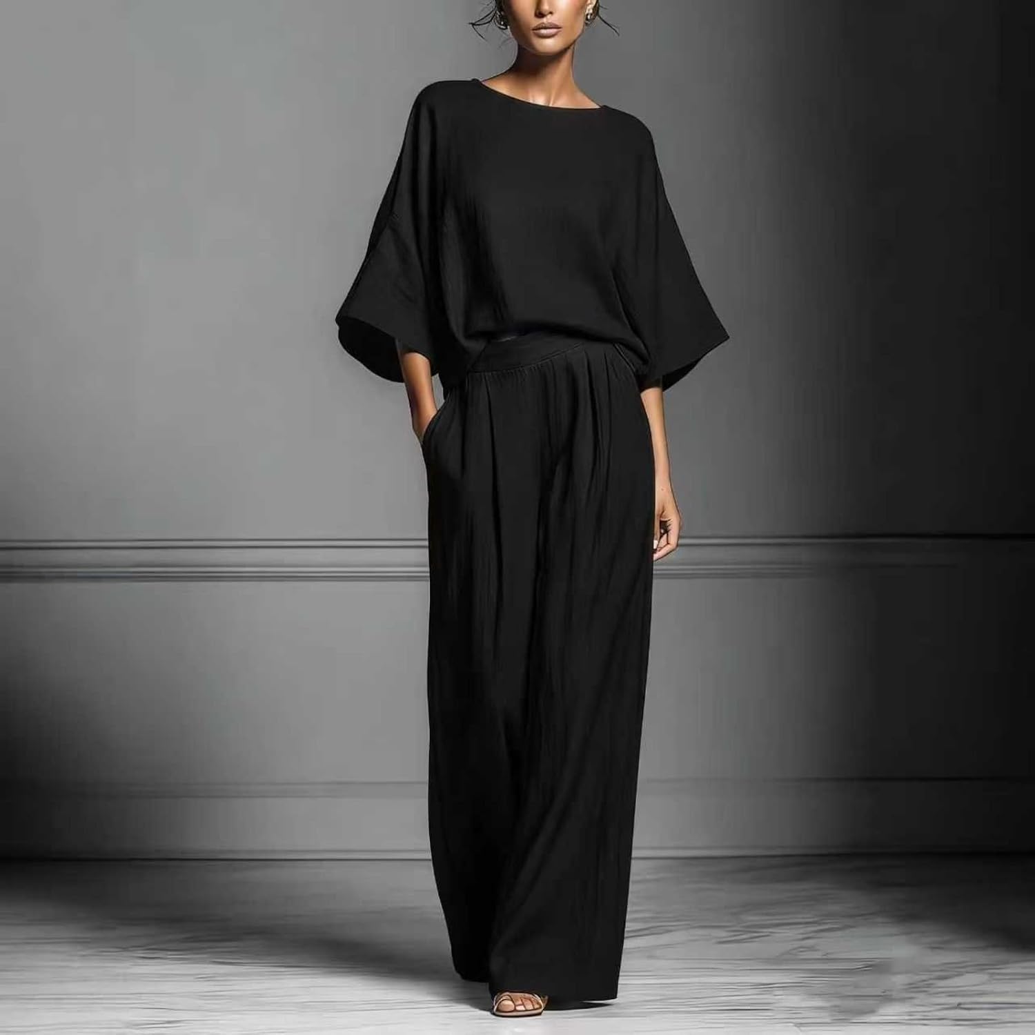 Women's Linen Blend Mandarin Collar Short Sleeve Top and Elastic Pants Set