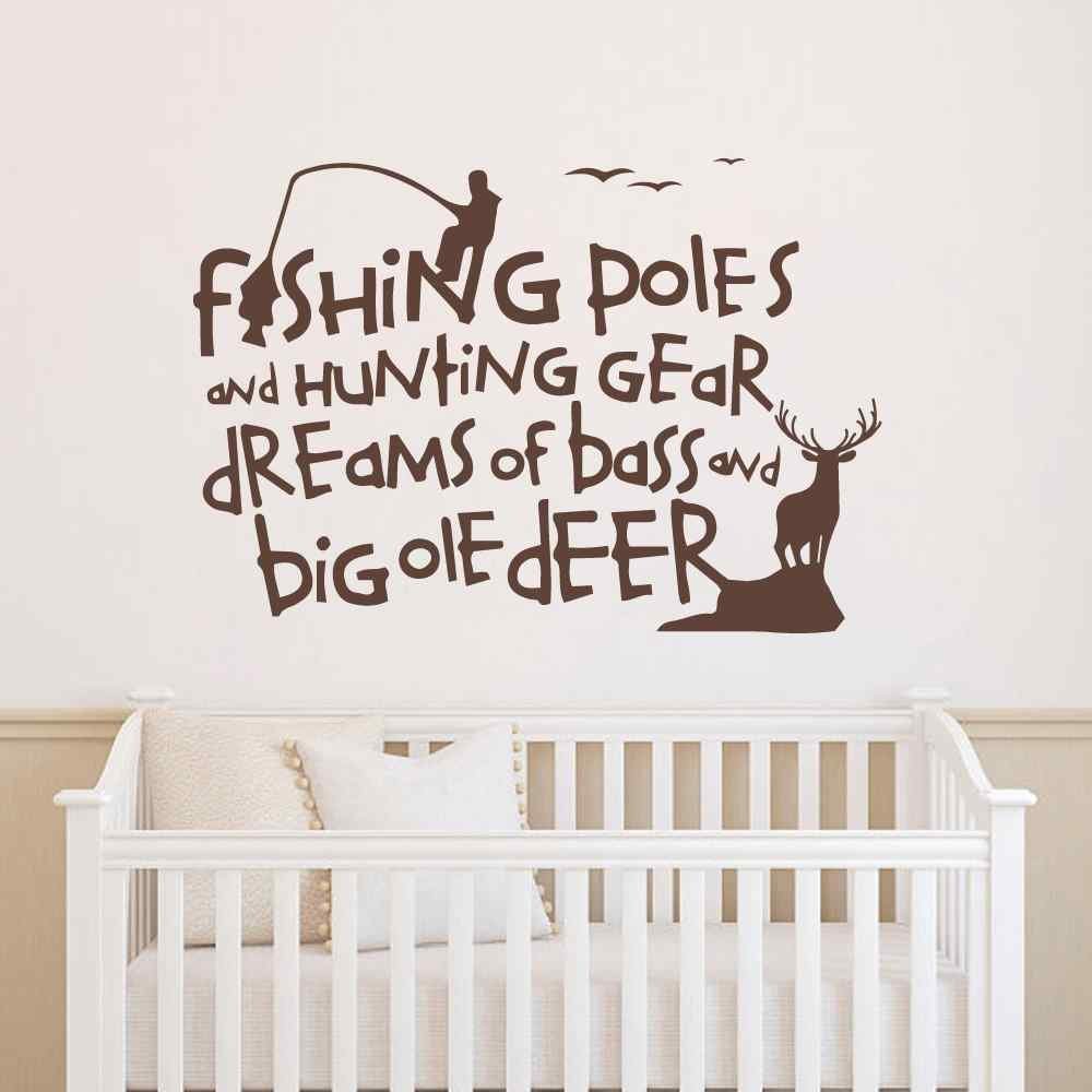 Country Wall Decals Quotes Fishing Poles And Hunting Gear Dreams Of Bass And Big Ole Deer Wall Decal Bedroom Nursery Living Room Art Sticker (White, 39"h x56"w)