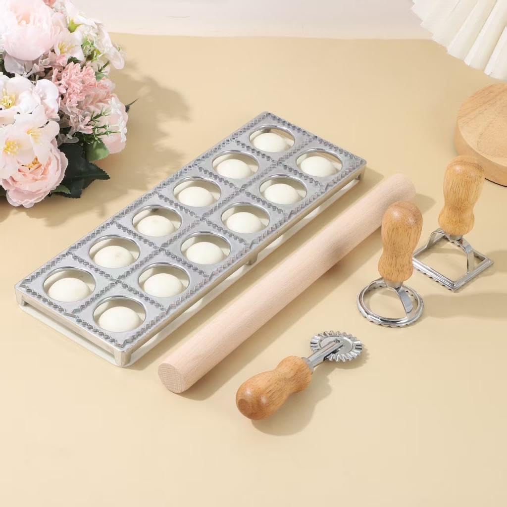 para Ravioles, Molde para Pasta, Construcción, 12 Agujeros, Fácil de Limpiar, Versátil, Rodillo de Madera, Máquina para Hacer Empanadillas, Plata, Individual