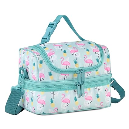 VASCHY Lunch Box Bag Kids, Insulated Two Compartments Cooler Bags Girls/Women w Shoulder Strap for School,Daycare,Kindergarten,Picnic Flamingo