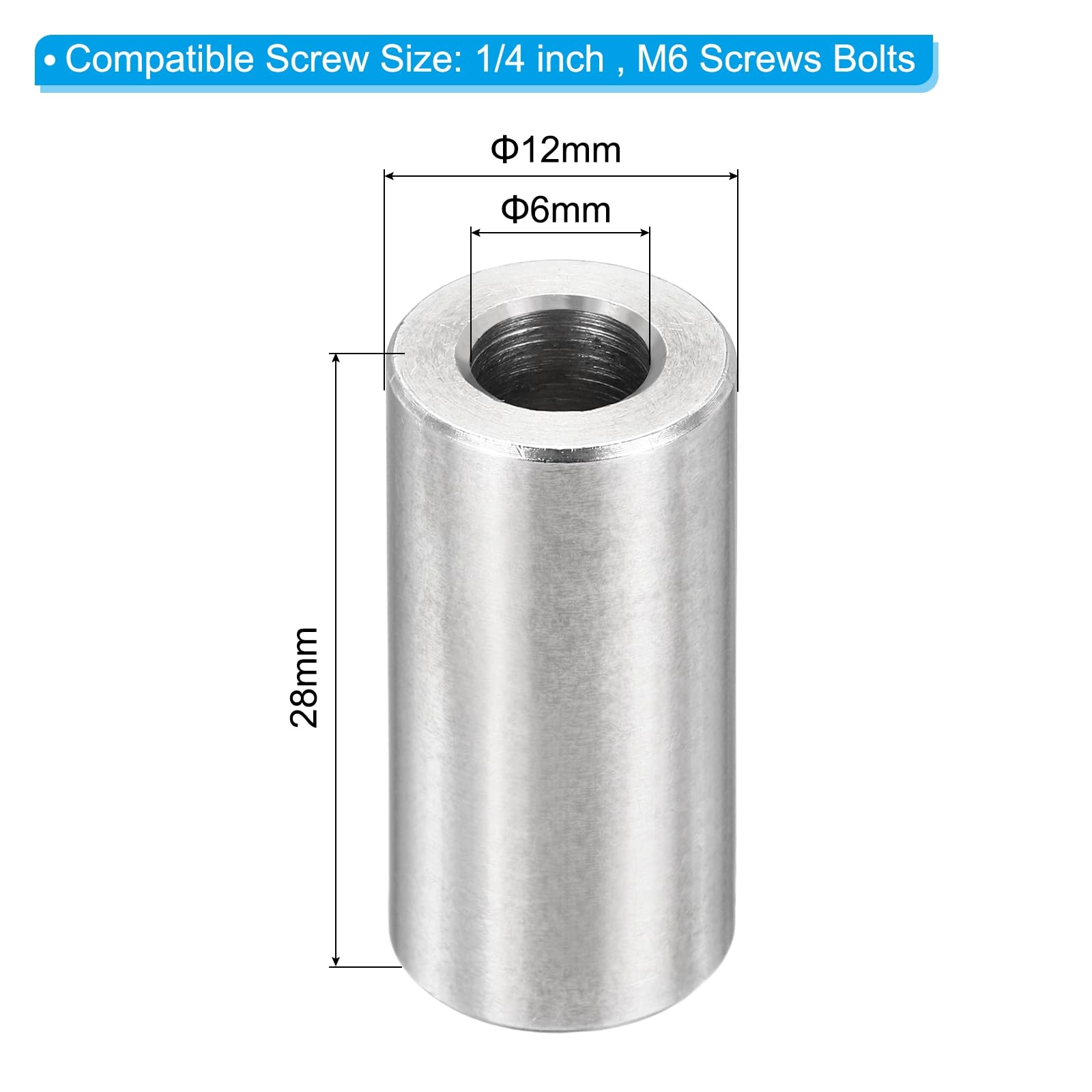 PATIKIL M6 Stainless Steel Spacers, 12Pcs Metal Spacer 6mm ID x 12mm OD x 28mm L Screw Standoff for 1/4" or M6 Screw - Image 2