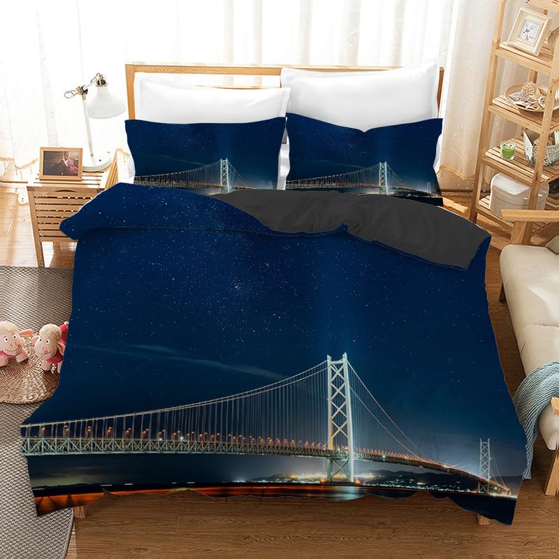 Housse de Couette 220x240 Pont Bleu Marine avec 2 Taies d'Oreiller Parure Adultes en Microfibre