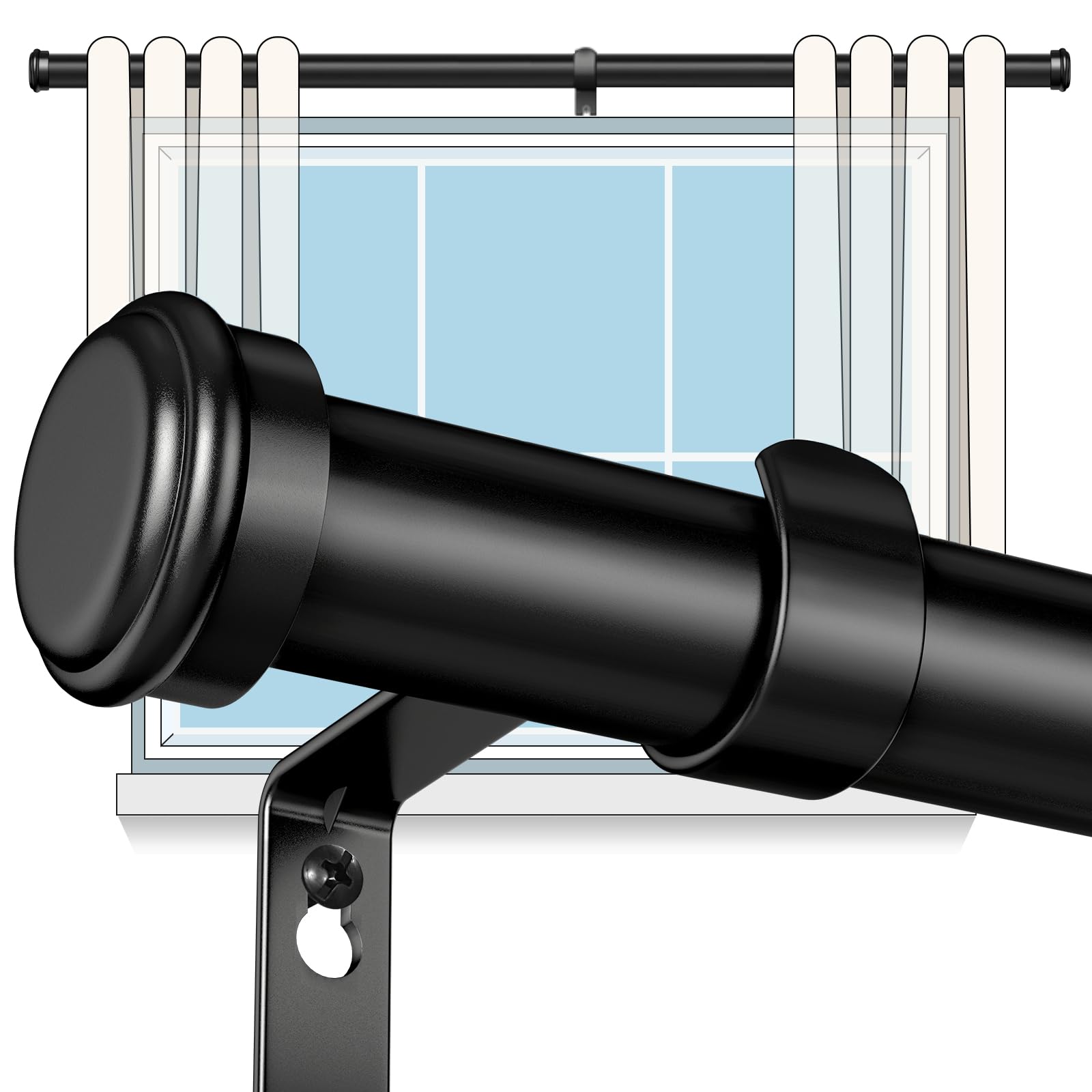 Black Curtain Rods for Windows 66 to 120 Inch, 1 Inch Heavy Duty Curtain Rod for Farmhouse, Bedroom, Living Room, Decorative Adjustable Long outdoor Window Curtain Rod (Black,30"-120"-1p)