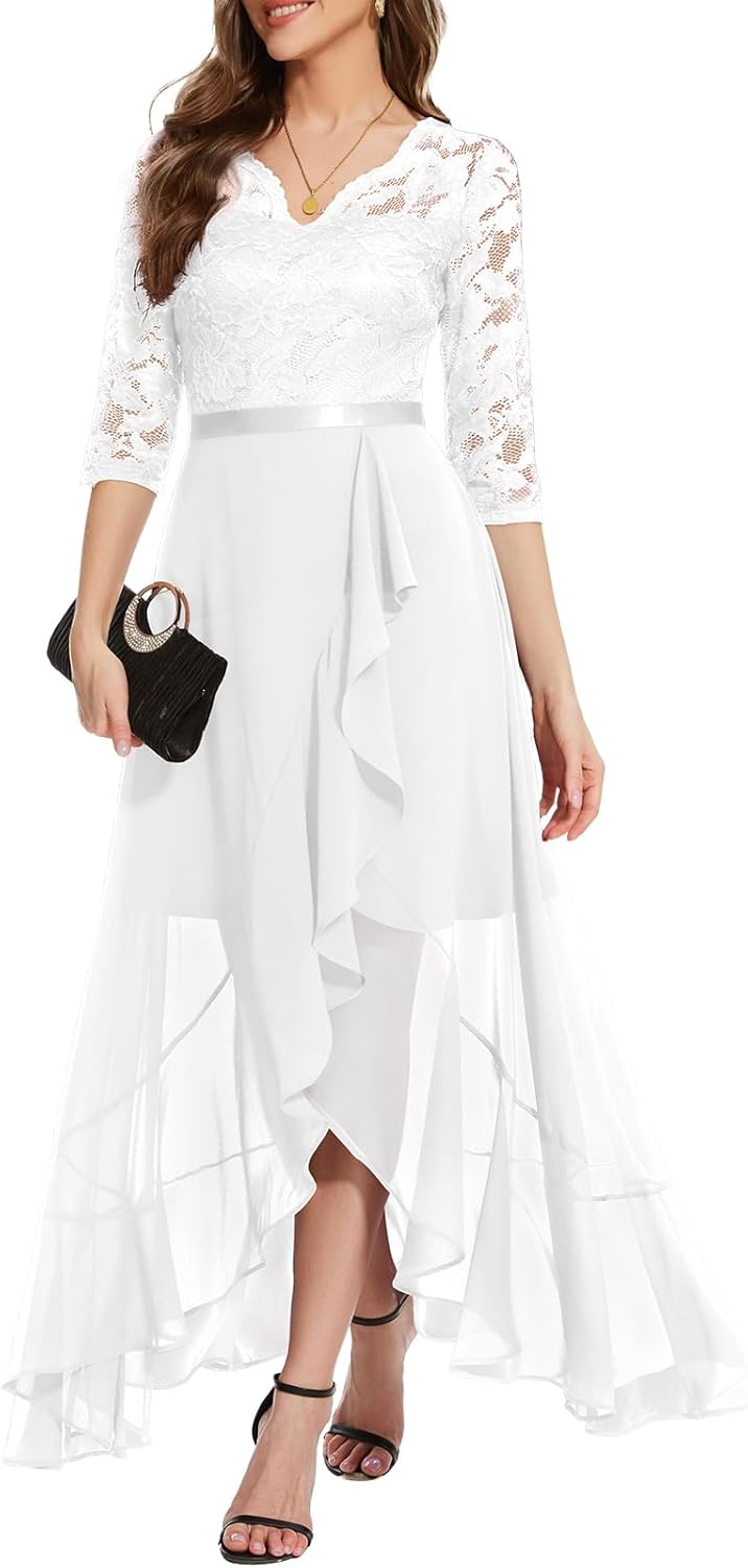 Bbonlinedress Women's V-Neck Dress for Women Wedding Guest Hi-Lo Floral Lace Prom Cocktail Party Formal Bridesmaid Dress