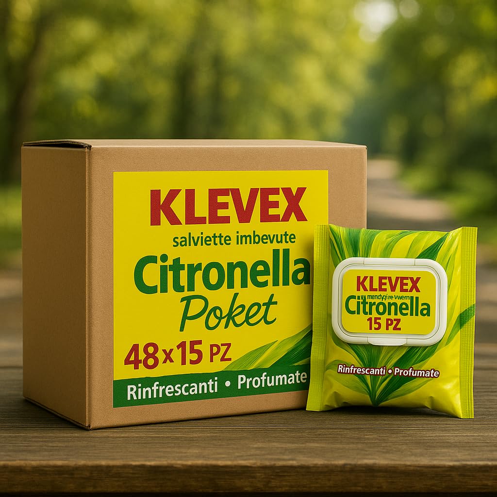 Klevex Salviettine Imbevute alla Citronella 12/24/48 Pacchetti da 15 – Rinfrescanti, Detergenti e Profumate, Con Fragranza Naturale che Aiuta a Difendere la Pelle e Garantire Freschezza e Pulizia (48)
