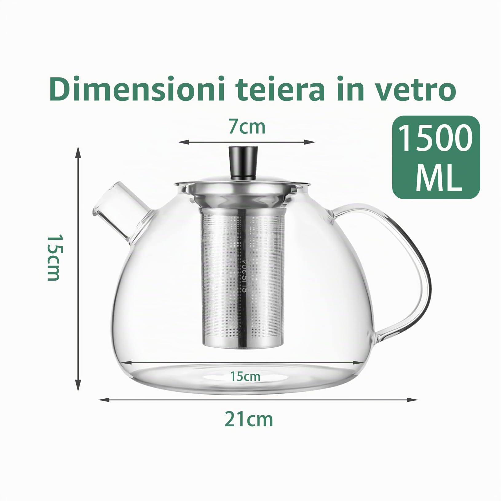 1,5 Litri Teiera con Infusore, Teiera in Vetro, Teiera Da Con Filtro Infusore in Acciaio Inossidabile Resistente Al Calore, Perfetto Per Tè E Caffè