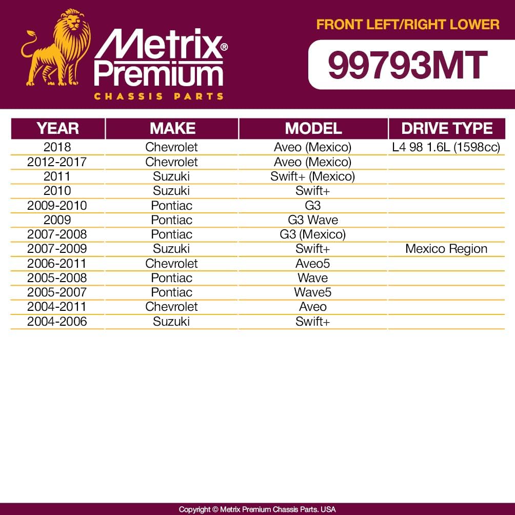 Metrix Premium Chassis Parts - Front Left & Right Lower Control Arm w Ball Joint & Bushing Assembly Kit Fits 18 Chevrolet Aveo (Mexico), 10-11 Suzuki Swift+ Mexico, RK620164, RK620165, Made in Europe