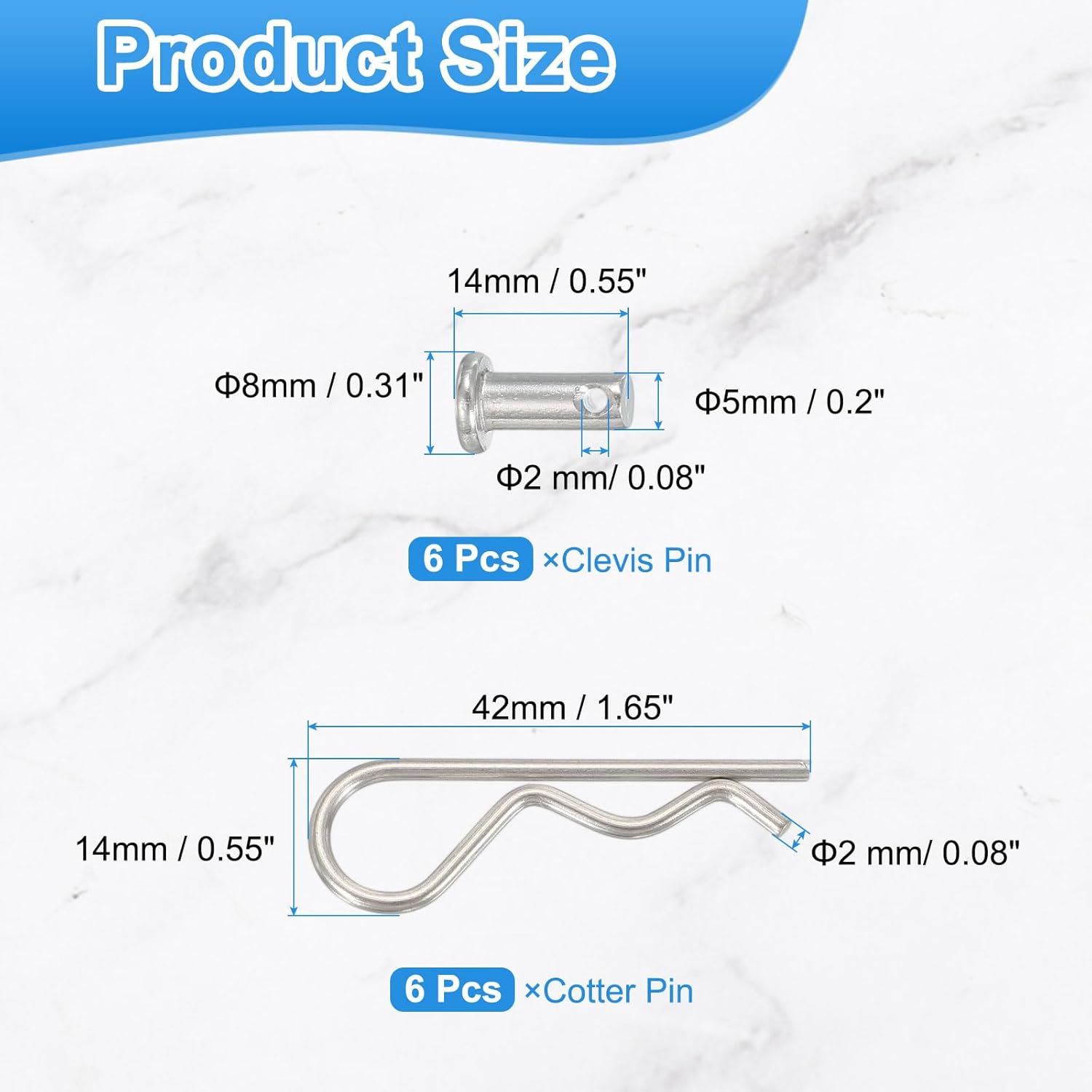 Clevis Pin with R Shaped Spring Cotter Pin M5x12mm Single Hole Clevis with R - Clip Fits for Automotive Mechanics Cars Trucks, (6 Pcs, Silver)