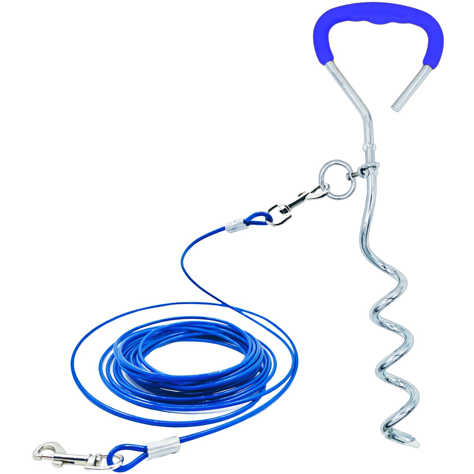 Dog Tie-Out Stake and Cable 30ft Heavy Duty Spiral Ground Stake Tethering Anchor Dog Leash Chain rope Metal 360 Swivel Hook for Small Medium Large Dogs Outdoor (SP-Stake+Cable)