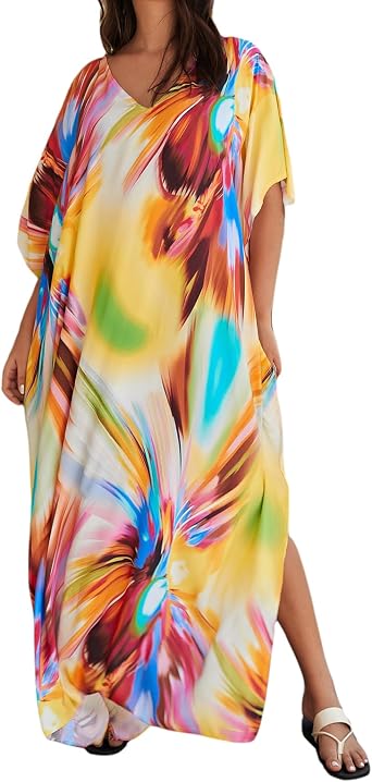 Women Dresses Plus Size Beach Swimsuit Cover Up V Neck Caftan Long Dress Kaftan Loungewear