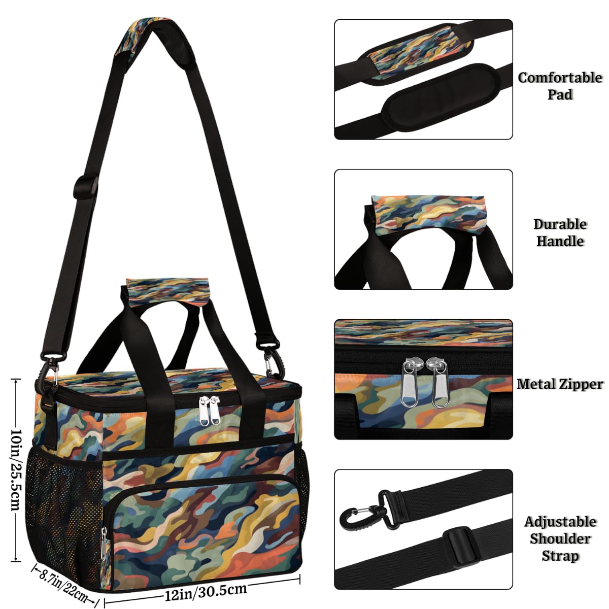 Colorful Camo Texture Insulated Picnic Backpack Lunch Box for Women Men Picnic Basket Tote Lunch Bag Picnic Bag Portable Lunch Bags for Picnic, Beach, Work, Trip,Office, Camp Camouflage