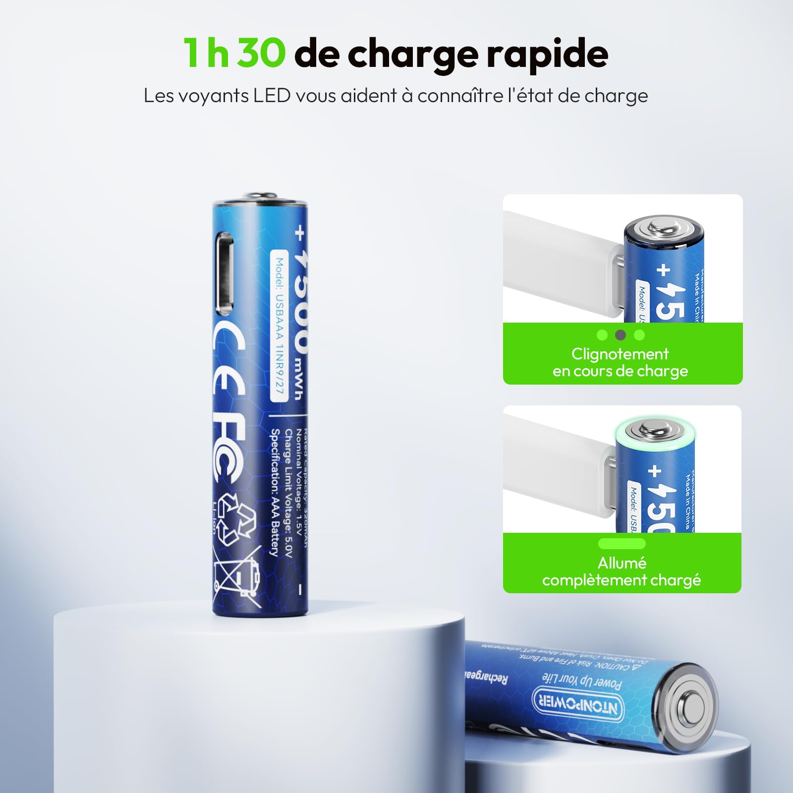 NTONPOWER Piles Lithium AAA 1,5 V 500 mWh, Rechargeables USB-C avec câble, Lot de 4, pour Lampe Torche