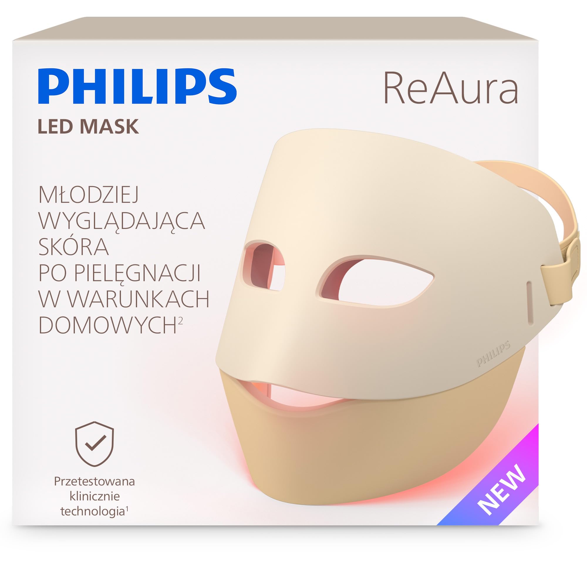 Philips ReAura maska LED: 3-w-1 do pielęgnacji twarzy, okolic oczu i szyi, 3 tryby, światło niebieskie i czerwone oraz bliska podczerwień¹, elastyczne dopasowanie, 10-minutowa kuracja, LTM7100/00