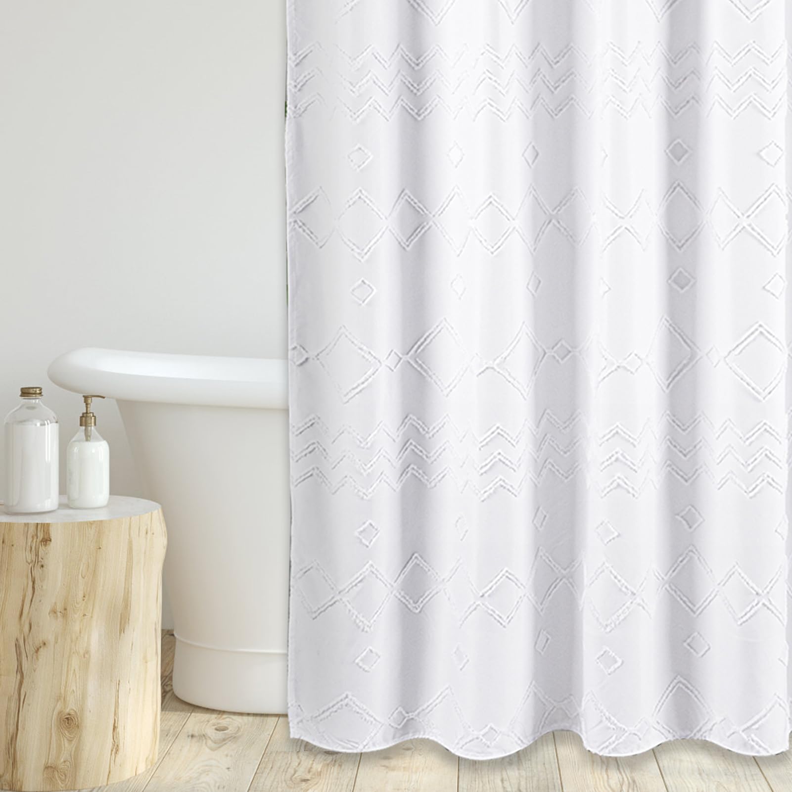 EXYGLO White Fabric Shower Curtain — Wave Striped Tufted Boho Shower Curtain Set with 12 Hooks — Chic Textured Shower Curtains for Bathroom, Hotel Decor (71"x71")