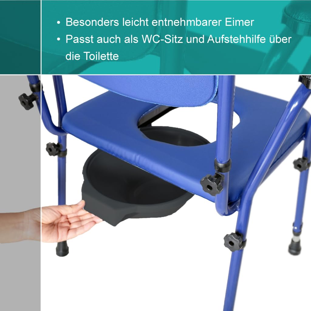 Akriva Toilettenstuhl mit Eimer, höhenverstellbarem Sitz und Rückenlehne，rutschfeste Füße, extra gepolsterter Sitz, WC Stuhl für Senioren & Pflege, Blau