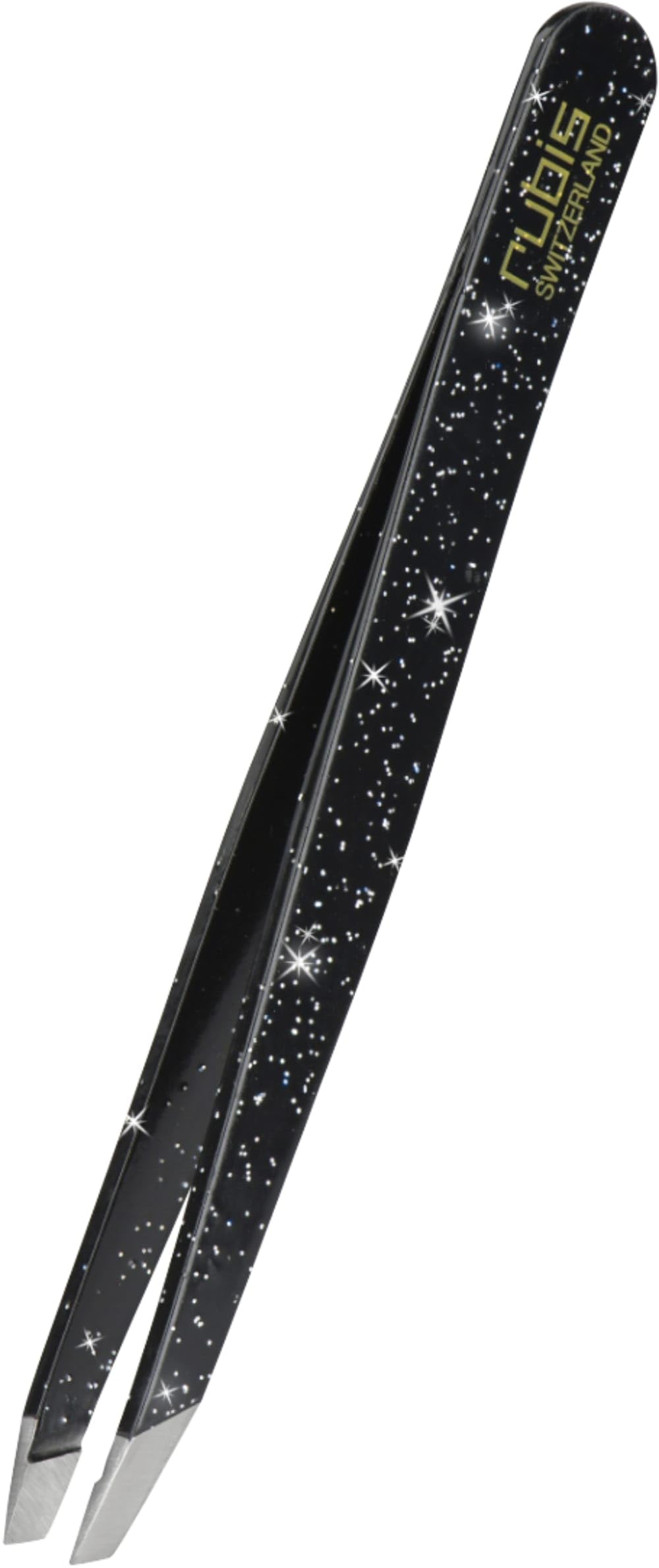 Rubis Black Switzerland Tweezers Slanted - Glitter - Professional Slant Plucking Tweezers For Eyebrow Shaping And Hair Removal