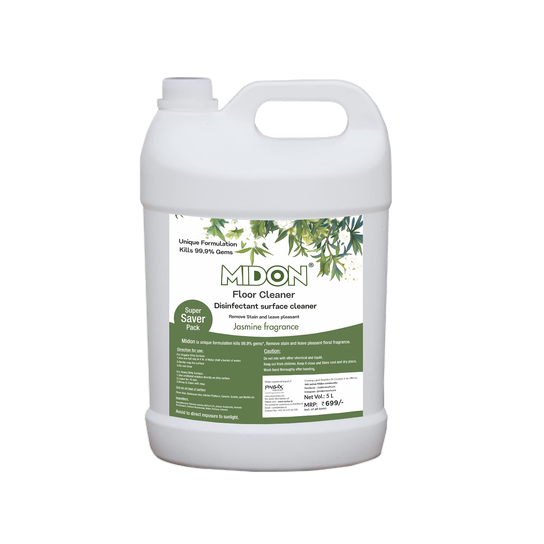Midon Floor Cleaner 5L | Surface Disinfectant Cleaner | Remove Stain and Leave Pleasant | Kills 99.9% Germs (Jasmine) (B08Z3G9WZC) Amazon Price History, Amazon Price Tracker
