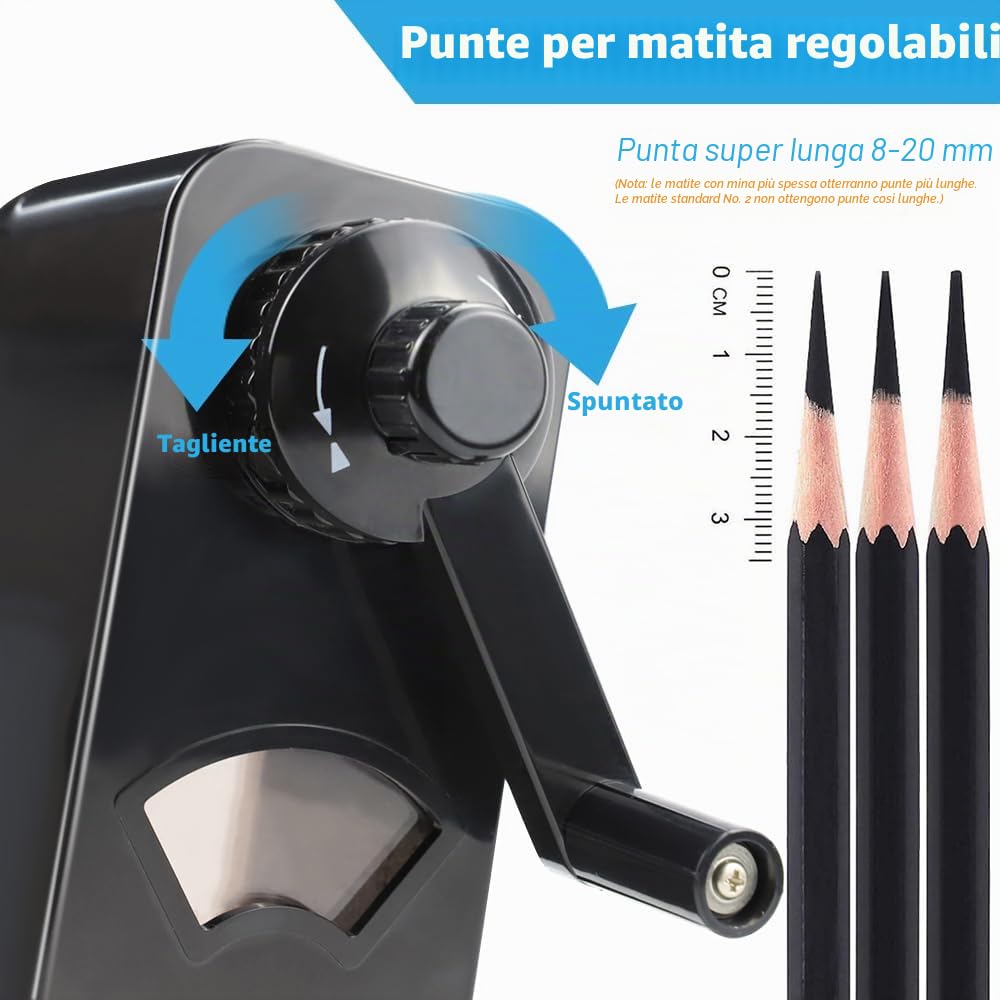 AFMAT, Temperamatite a punta lunga, punte lunghe 8-20 mm, affilatura regolabile e autofilettante, temperamatite per artisti, manuale, per carboncini, arte, disegno, schizzi, matite colorate