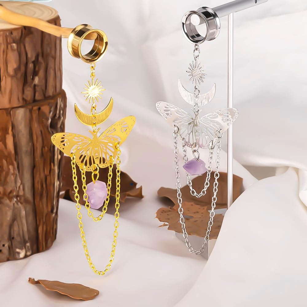 DOEARKO 2PCS New Butterfly-Pendant Hypoallergenic Stainless Steel Dangle Ear Plugs Tunnels Ear Gauges Stretcher Pair Selling 2g 0g Piercing Body Jewelry