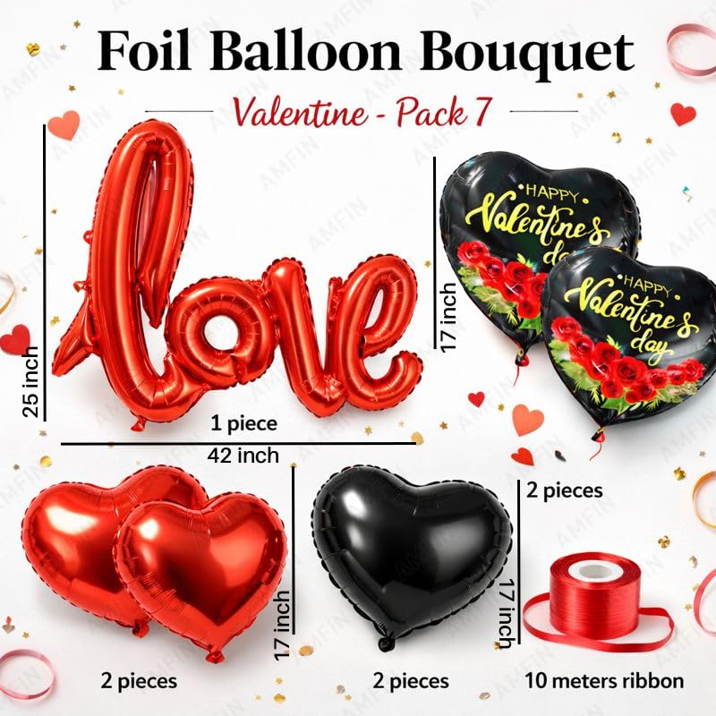 Image of AMFIN (Pack of 7) Happy Valentine's Day Foil Balloon Bouquet Love Cursive Heart Romantic Decoration Item - Red Black