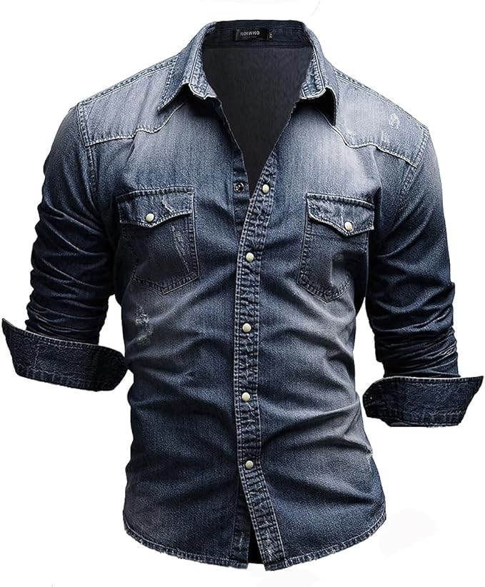 Men's Slim Fit Western Long Sleeve Casual Distressed Denim Shirt with Snap Button Down Design3