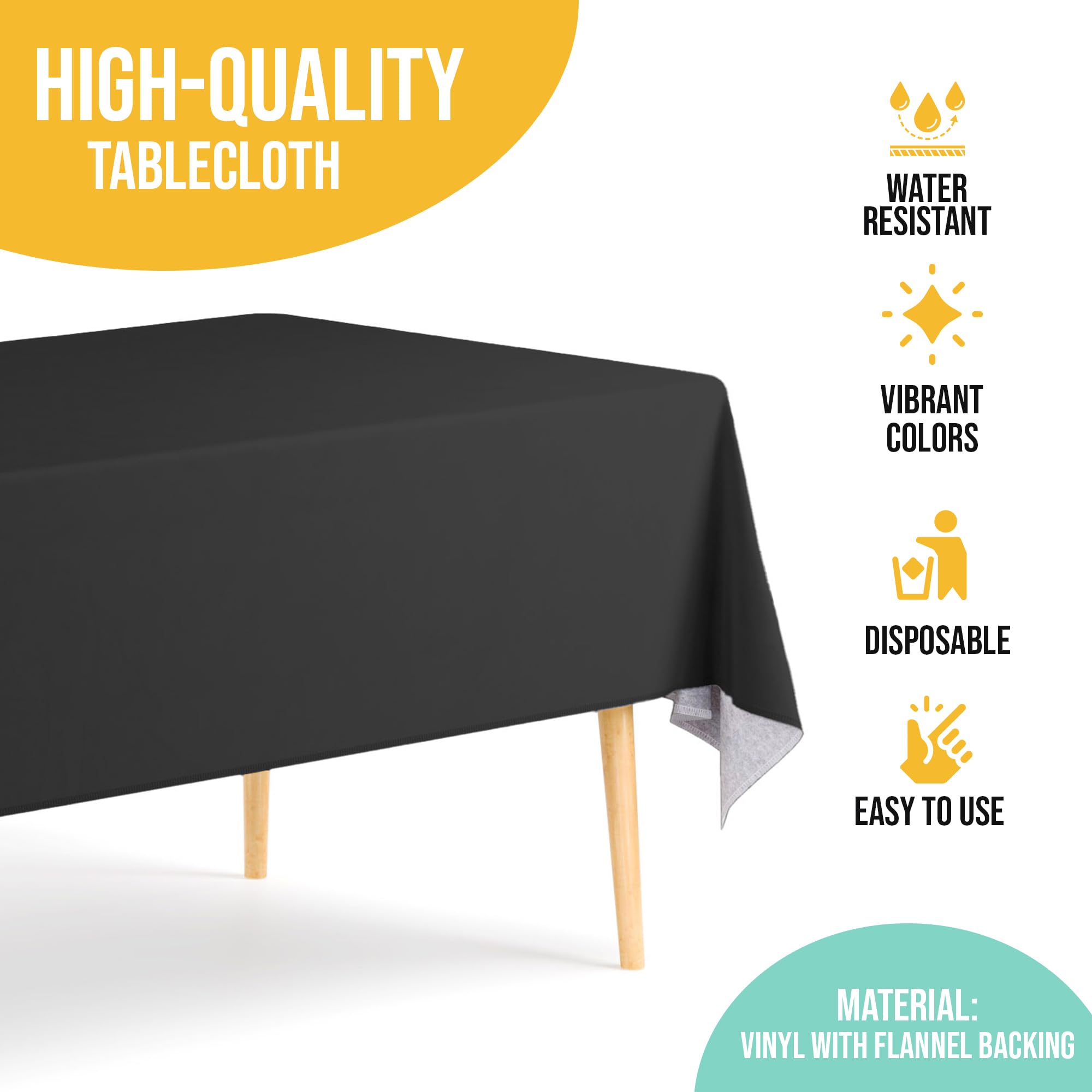 Exquisite Mantel de Vinilo Negro – 137 x 274 cm – Pack de 3, Mantel Rectangular con Parte Posterior de Franela, plástico, Reutilizable e Impermeable