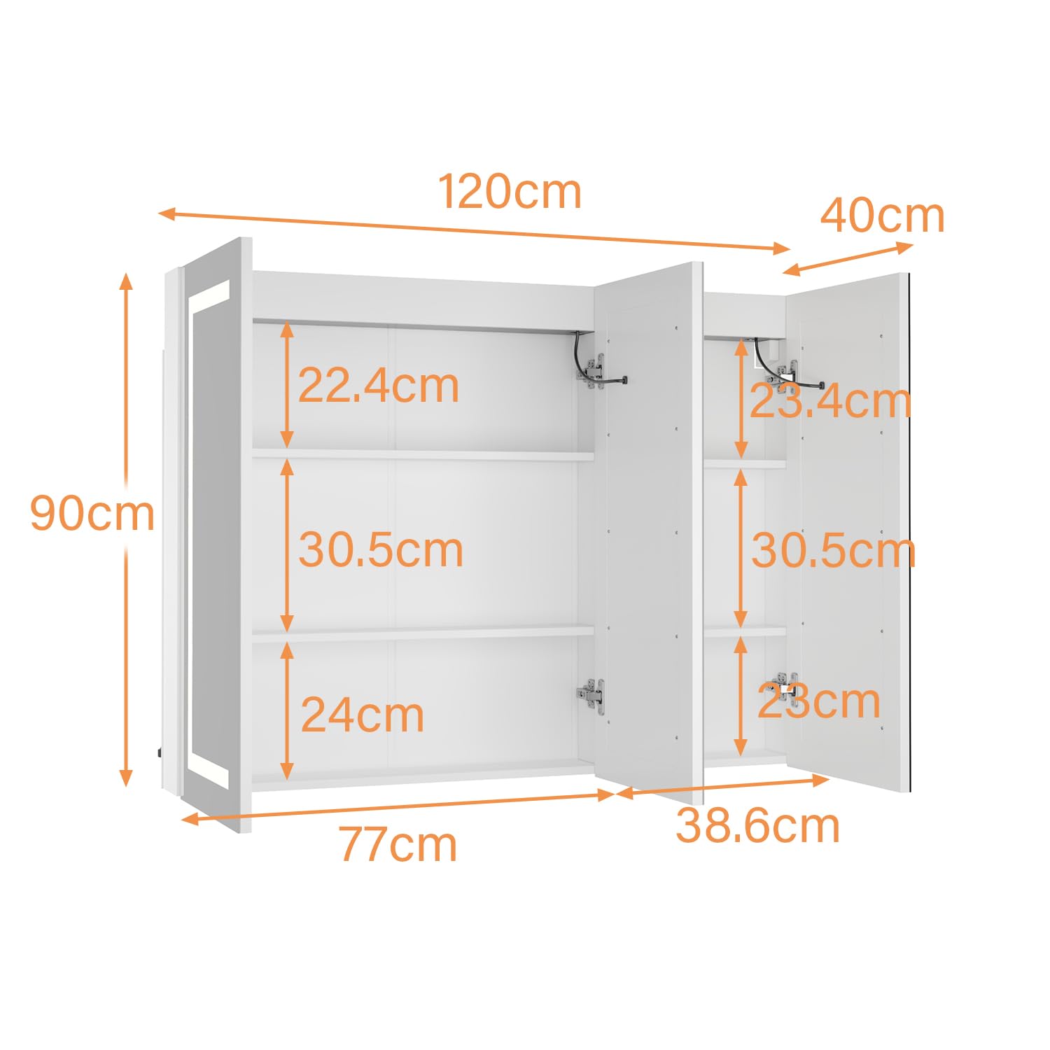 Caldion Spiegelschrank 120cm Bad mit 3 LED-Beleuchtung Entfogging-Funktion Badezimmerschrank mit 3 Spiegel Badschrank hängend mit Ablagen Wandschrank mit Glastüren 120x13x90cm Weiß