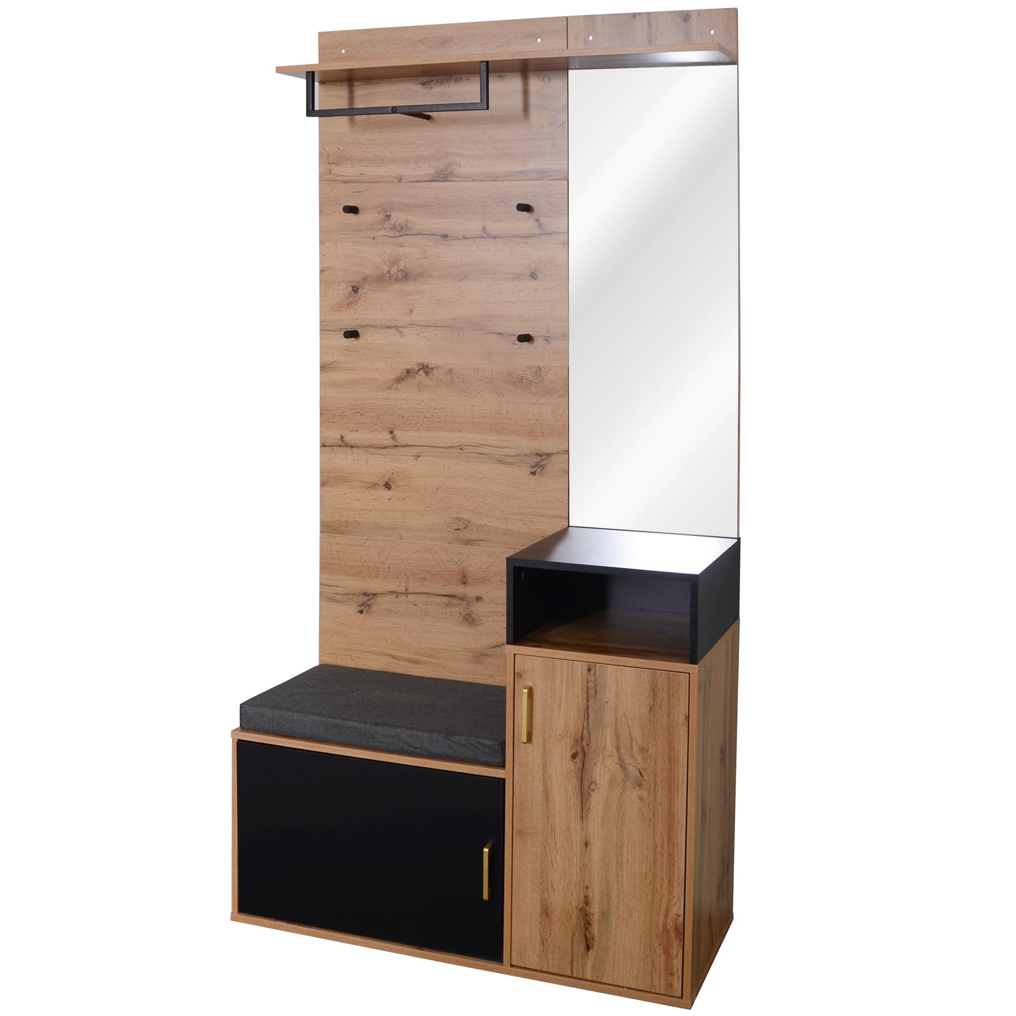 Wiuzo Juego de Perchero, Mueble de Entrada, con 4 Ganchos para Ropa, Espejo, Zapatero, Perchero de Pared, Estante Superior, Perchero de Pasillo, Banco de Almacenamiento, 105x40x191.5cm