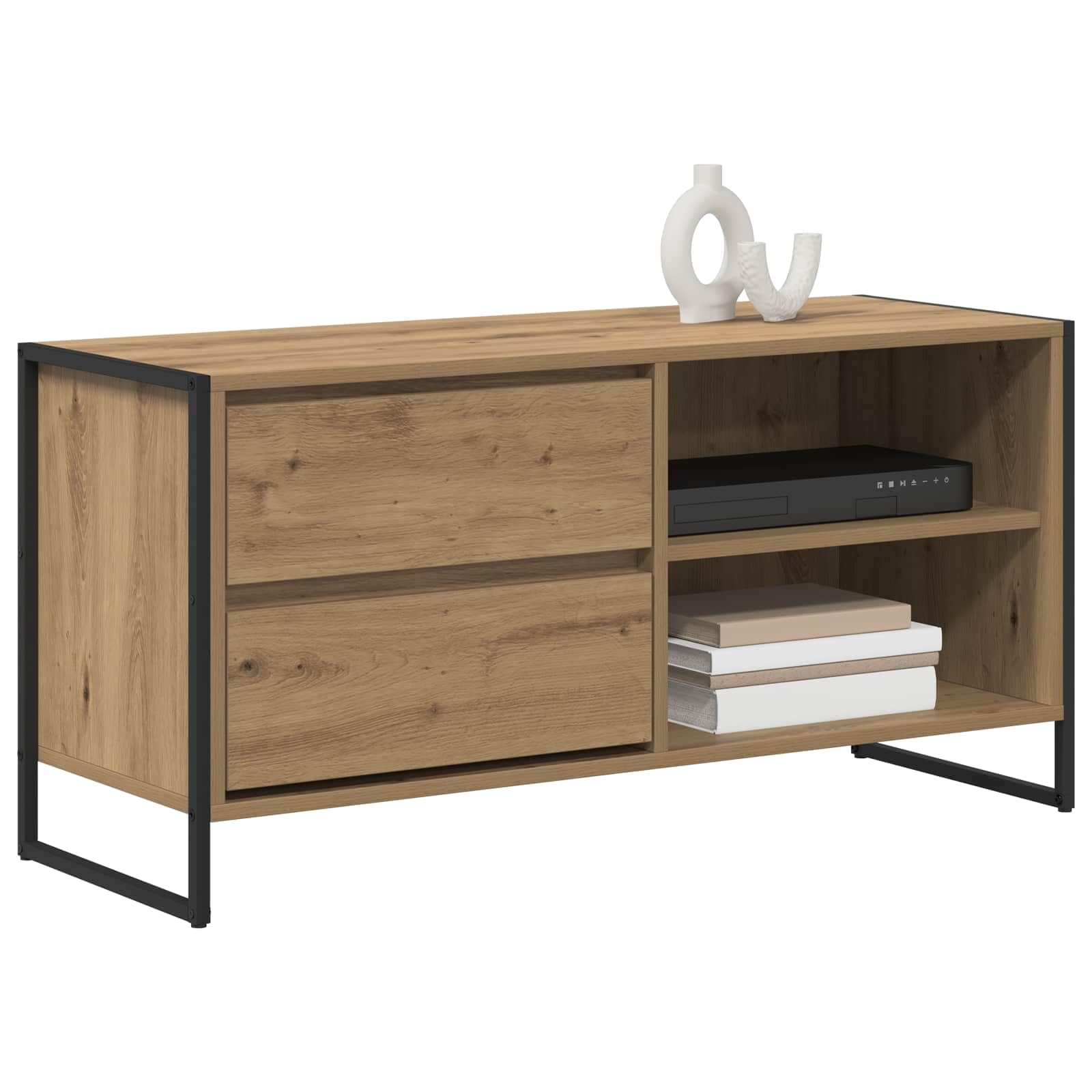 39-Inch Industrial TV Stand with Drawer and Steel Legs, Oak | Crafted from engineered wood, this low profile media center offers open and closed storage for living room entertainment.