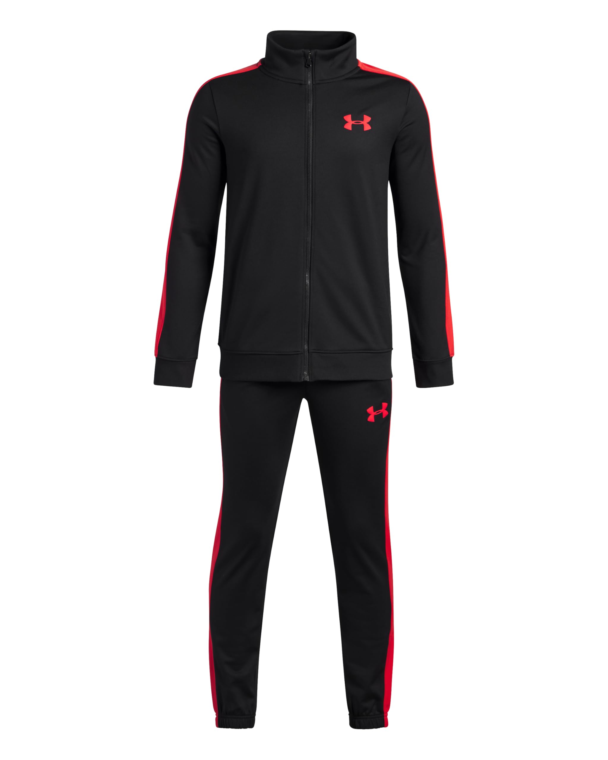 Under Armour Boys' Rival Knit Tracksuit, Comfortable and Soft Boys' Tracksuit with Pockets, Sweat-Wicking Sportswear for Athletics, PE and Training,Black/Racer Red/Racer Red,YMD