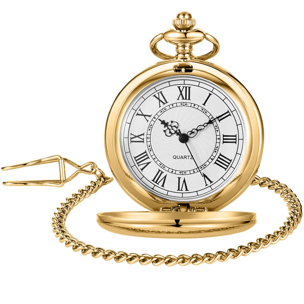 tasca, Classico orologio da tasca uomo e donna in acciaio liscio con catena numeri romani