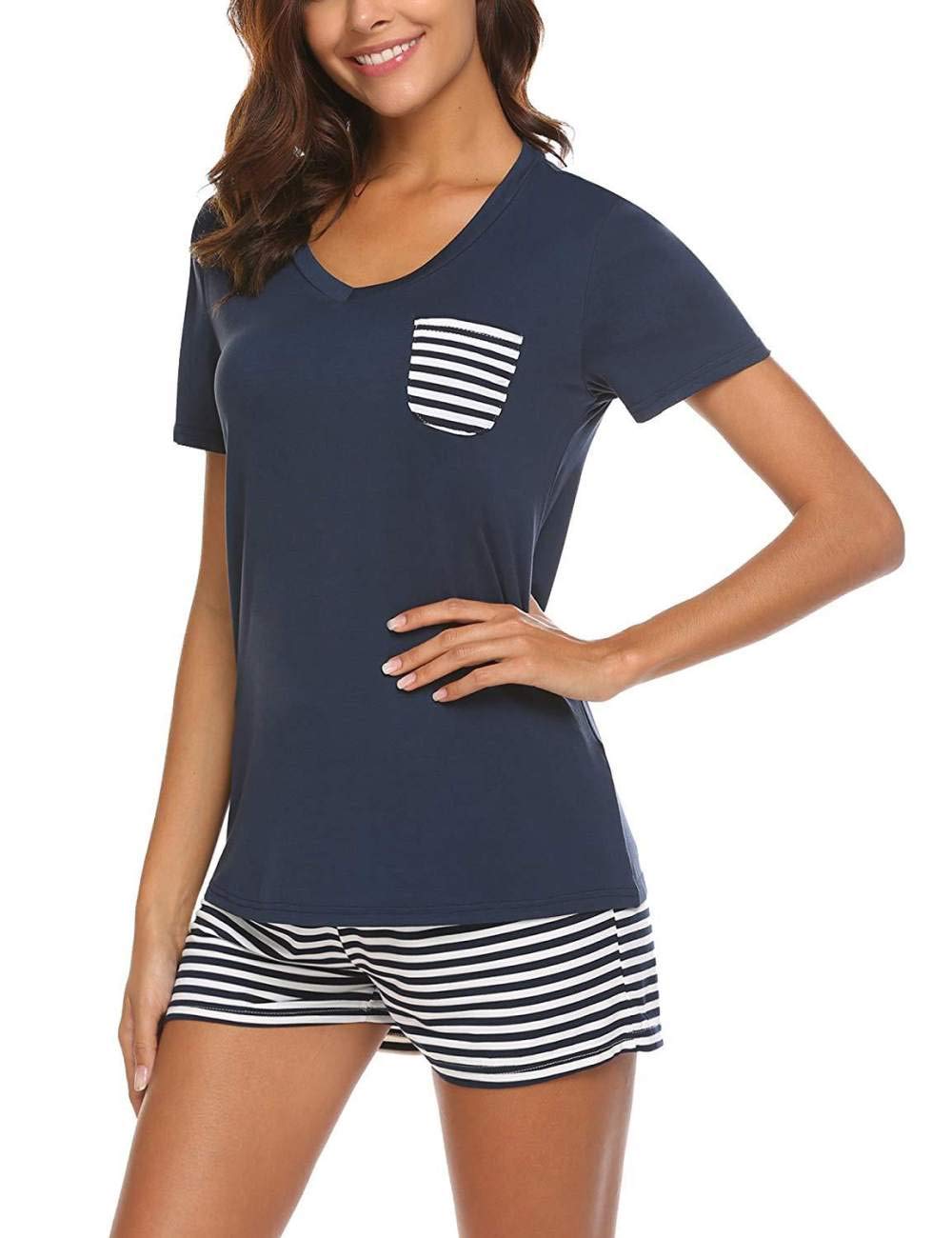 Donna Pigiama Estivo Due Pezzi,Scollo A V A Righe Blu Navy Pigiama da Donna A Maniche Corte Set da 2 Pezzi Pigiama da Donna Morbido E Confortevole Loungewear Regalo per La Festa della Mamma per Mogl
